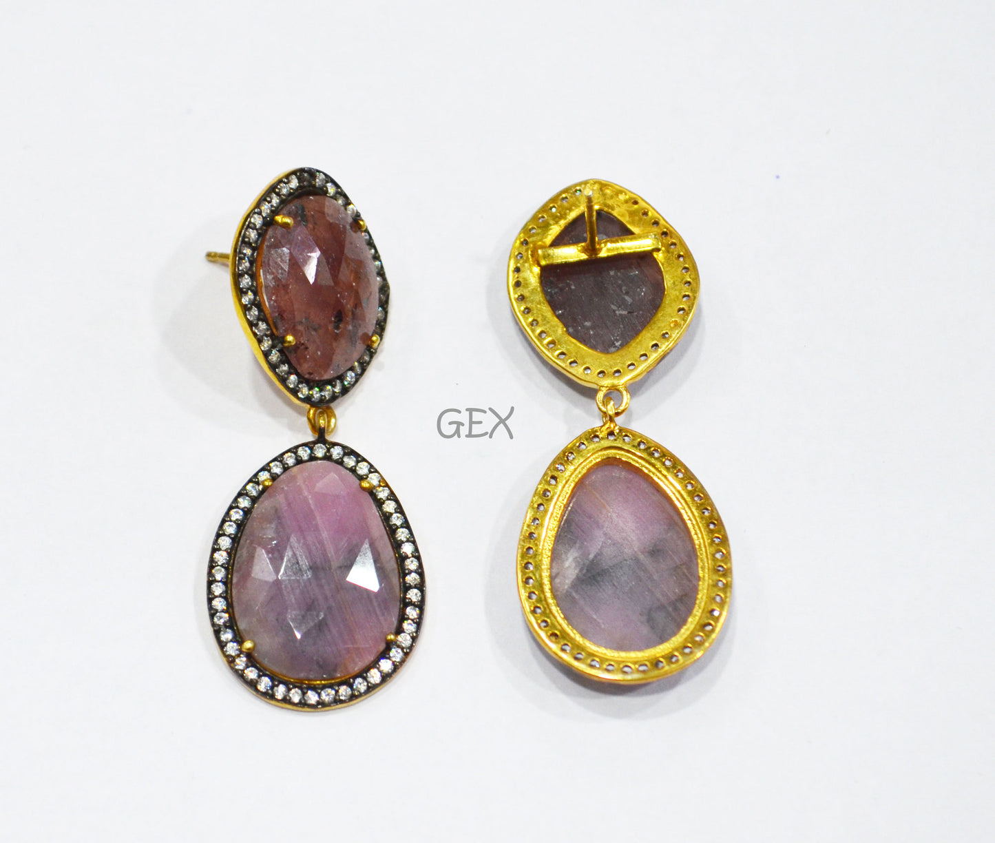 92.5 Sterling Silver Ruby And Baby Pink Sapphire Faceted Fancy Shape Earring , Ruby And Baby Pink Sapphire With Pave Cubic Zirconia Earring , 49 mm , E-074