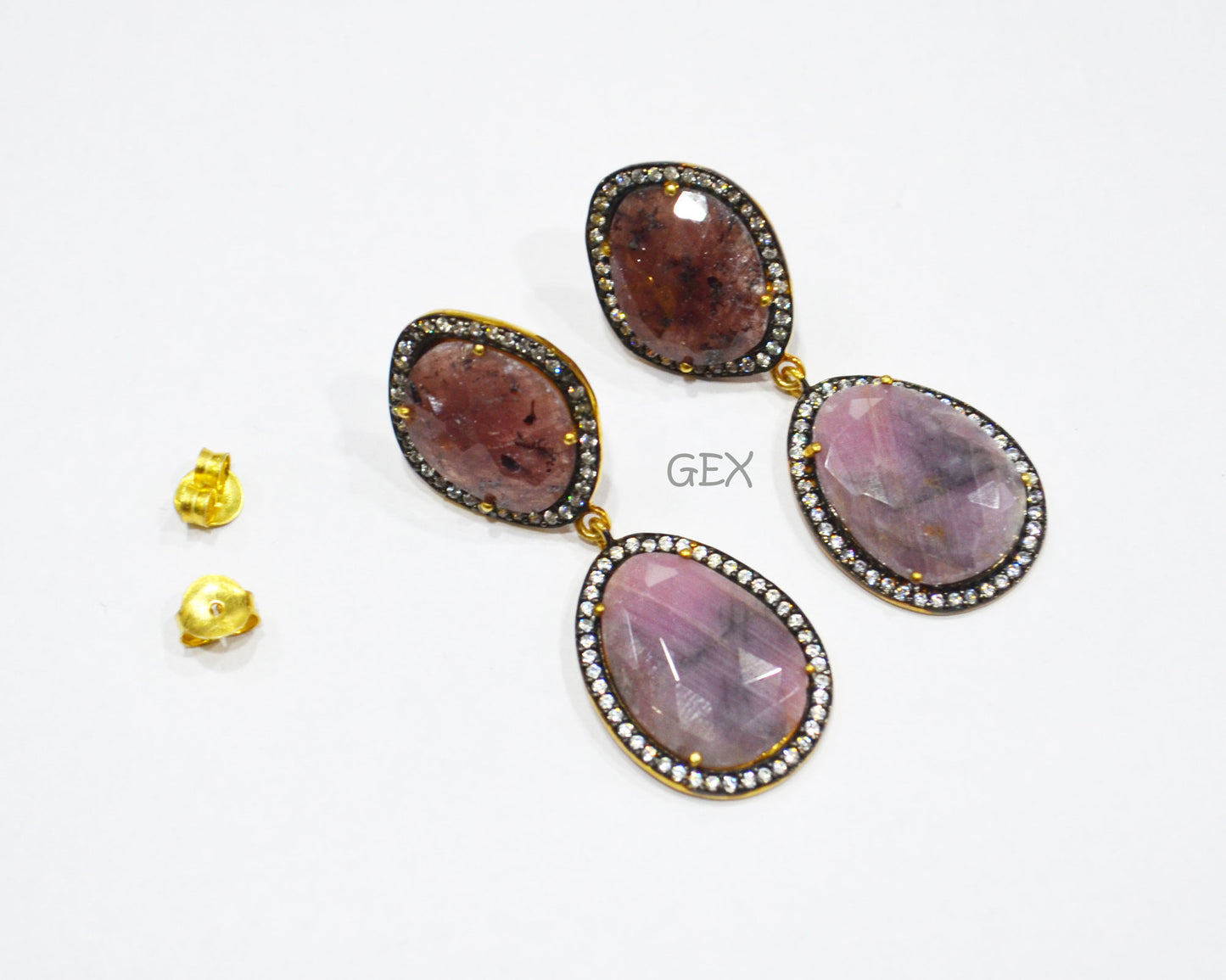 92.5 Sterling Silver Ruby And Baby Pink Sapphire Faceted Fancy Shape Earring , Ruby And Baby Pink Sapphire With Pave Cubic Zirconia Earring , 49 mm , E-074