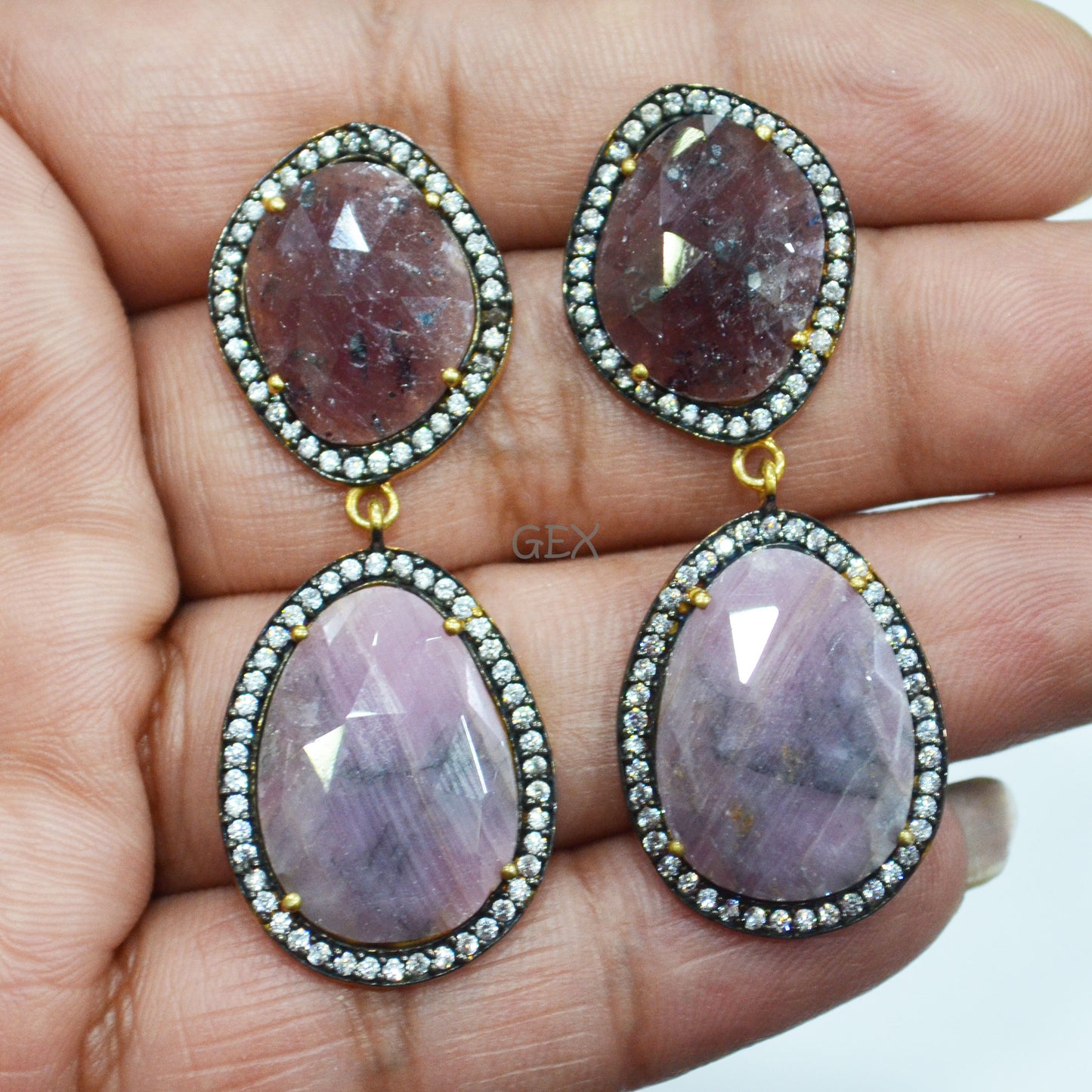 92.5 Sterling Silver Ruby And Baby Pink Sapphire Faceted Fancy Shape Earring , Ruby And Baby Pink Sapphire With Pave Cubic Zirconia Earring , 49 mm , E-074