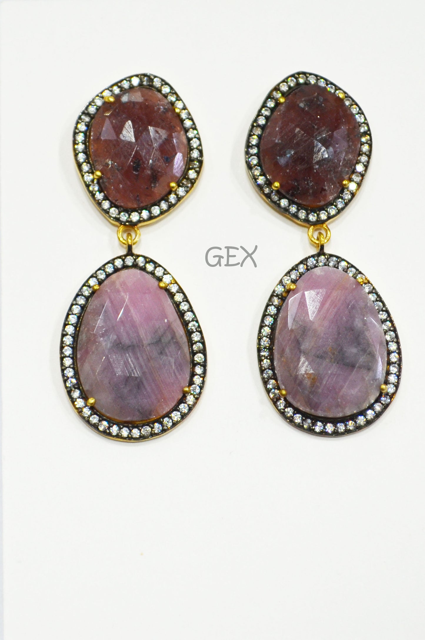 92.5 Sterling Silver Ruby And Baby Pink Sapphire Faceted Fancy Shape Earring , Ruby And Baby Pink Sapphire With Pave Cubic Zirconia Earring , 49 mm , E-074