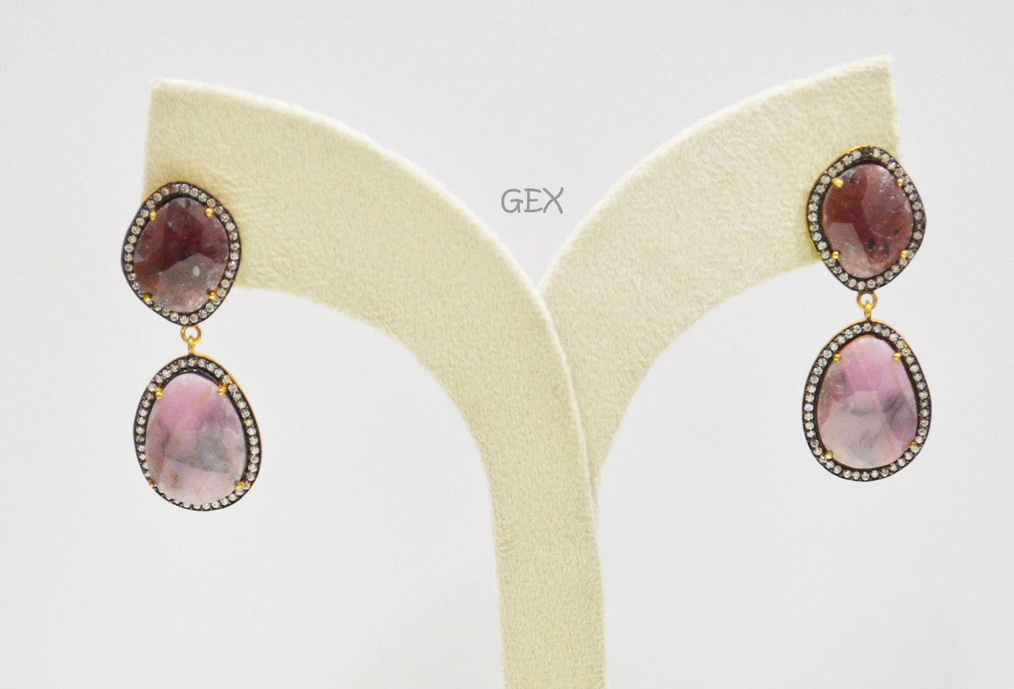 92.5 Sterling Silver Ruby And Baby Pink Sapphire Faceted Fancy Shape Earring , Ruby And Baby Pink Sapphire With Pave Cubic Zirconia Earring , 49 mm , E-074
