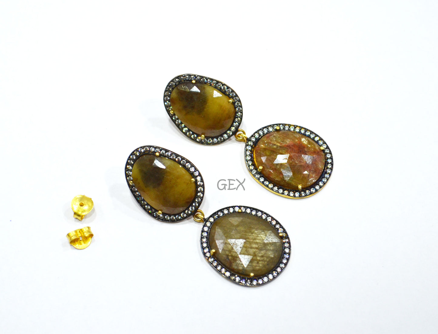 92.5 Sterling Silver Shaded Brown Sapphire Faceted Fancy Shape Earring , Shaded Brown Sapphire With Pave Cubic Zirconia Earring , 52 mm , E-075