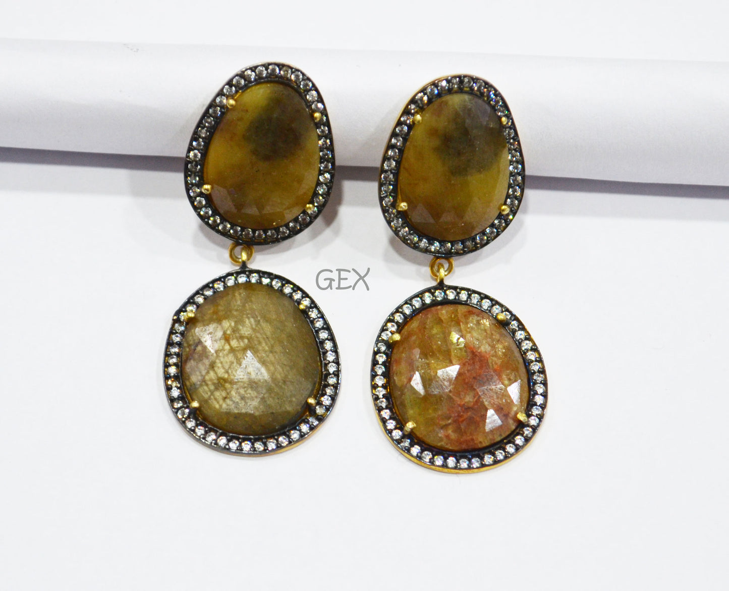 92.5 Sterling Silver Shaded Brown Sapphire Faceted Fancy Shape Earring , Shaded Brown Sapphire With Pave Cubic Zirconia Earring , 52 mm , E-075