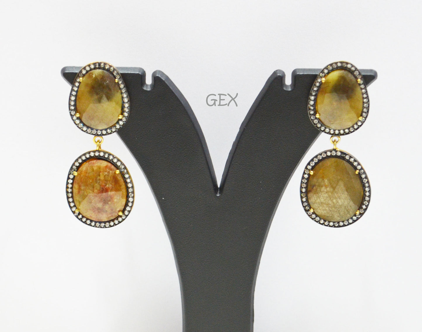 92.5 Sterling Silver Shaded Brown Sapphire Faceted Fancy Shape Earring , Shaded Brown Sapphire With Pave Cubic Zirconia Earring , 52 mm , E-075