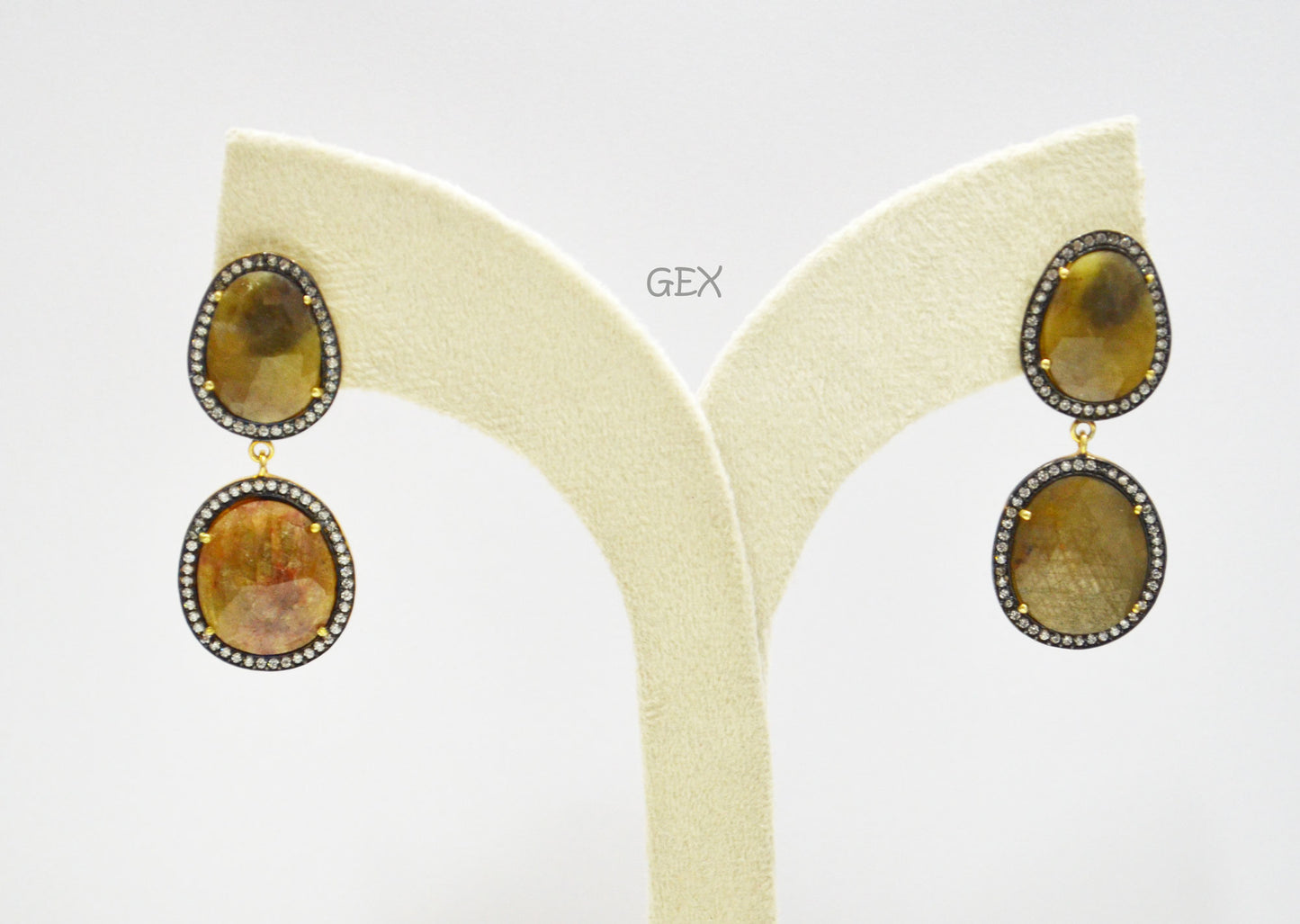 92.5 Sterling Silver Shaded Brown Sapphire Faceted Fancy Shape Earring , Shaded Brown Sapphire With Pave Cubic Zirconia Earring , 52 mm , E-075