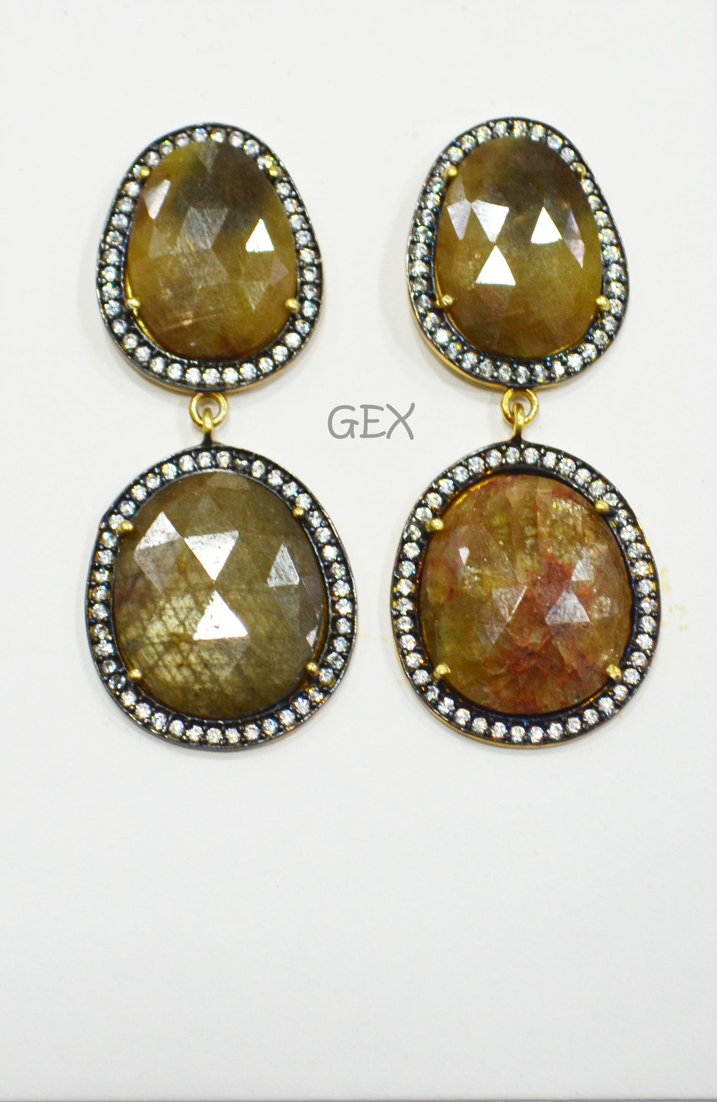 92.5 Sterling Silver Shaded Brown Sapphire Faceted Fancy Shape Earring , Shaded Brown Sapphire With Pave Cubic Zirconia Earring , 52 mm , E-075