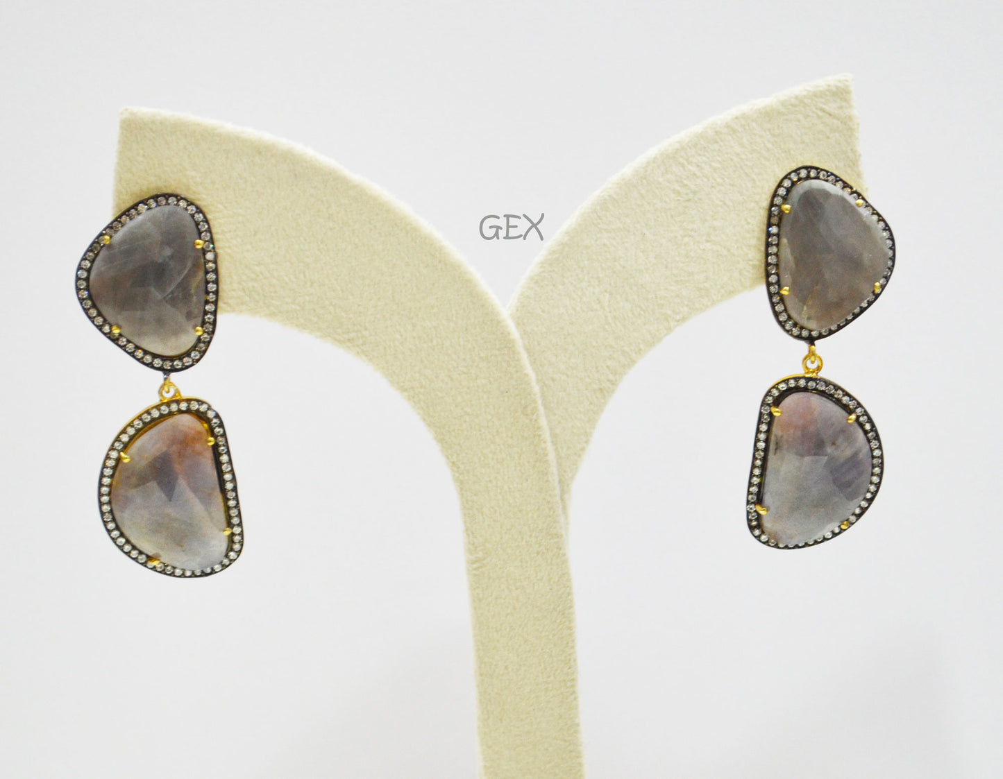92.5 Sterling Silver Gray Sapphire Faceted Fancy Shape Earring , Gray Sapphire With Pave Cubic Zirconia Earring , 60 mm , E-076