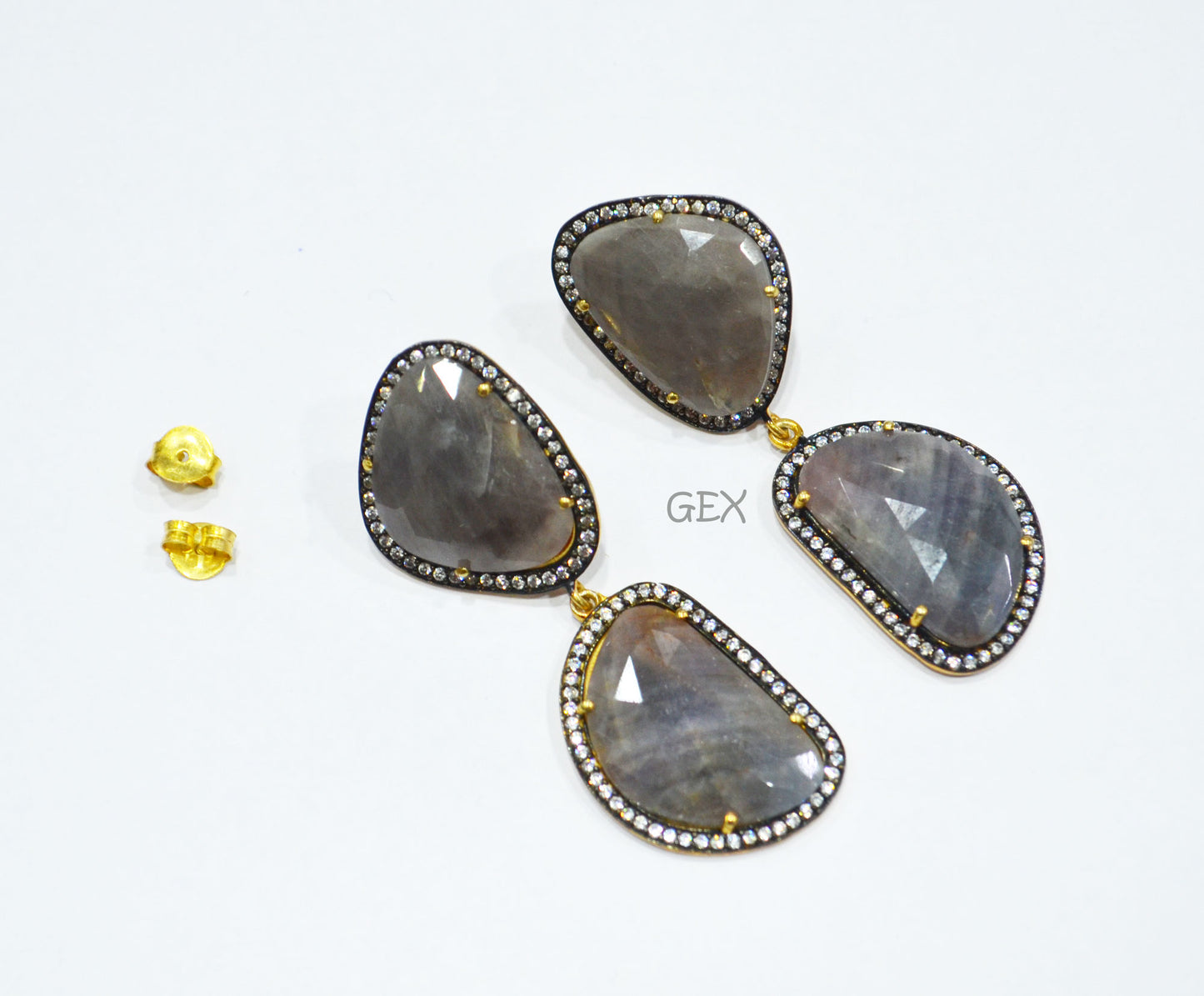 92.5 Sterling Silver Gray Sapphire Faceted Fancy Shape Earring , Gray Sapphire With Pave Cubic Zirconia Earring , 60 mm , E-076
