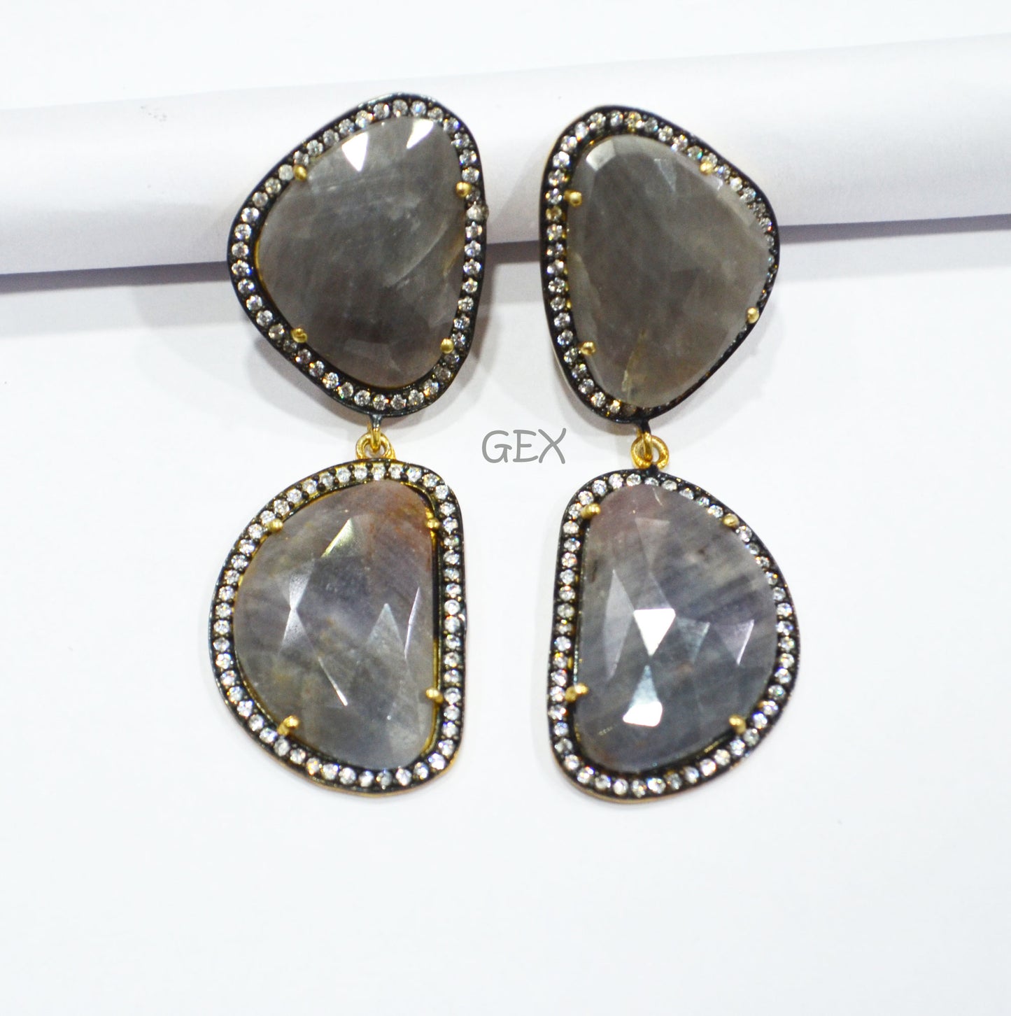92.5 Sterling Silver Gray Sapphire Faceted Fancy Shape Earring , Gray Sapphire With Pave Cubic Zirconia Earring , 60 mm , E-076