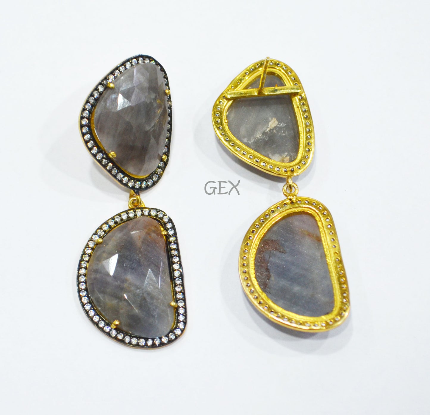 92.5 Sterling Silver Gray Sapphire Faceted Fancy Shape Earring , Gray Sapphire With Pave Cubic Zirconia Earring , 60 mm , E-076