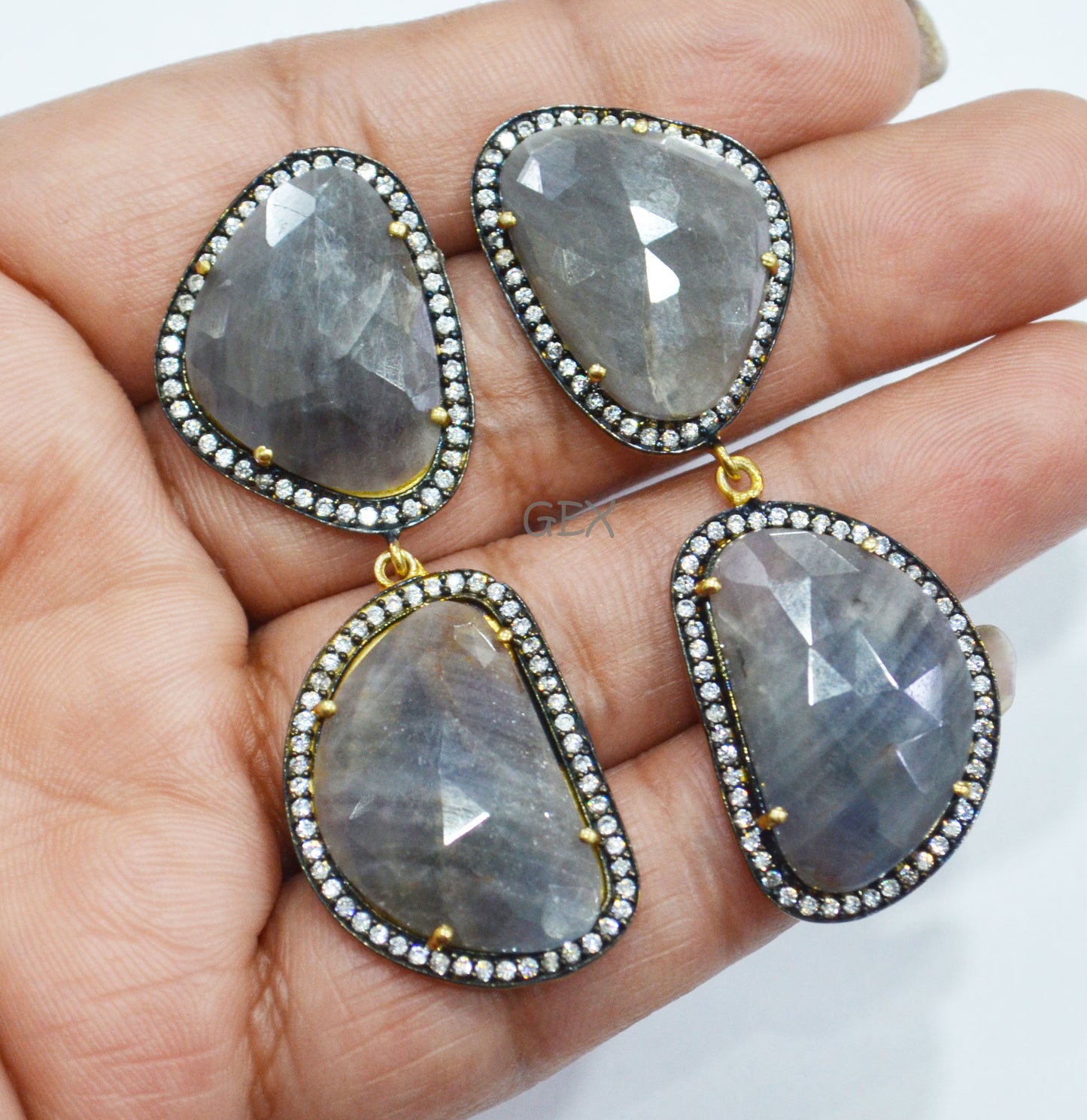 92.5 Sterling Silver Gray Sapphire Faceted Fancy Shape Earring , Gray Sapphire With Pave Cubic Zirconia Earring , 60 mm , E-076