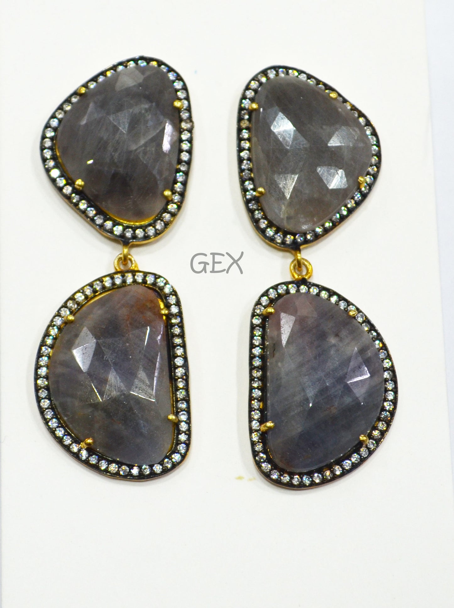 92.5 Sterling Silver Gray Sapphire Faceted Fancy Shape Earring , Gray Sapphire With Pave Cubic Zirconia Earring , 60 mm , E-076