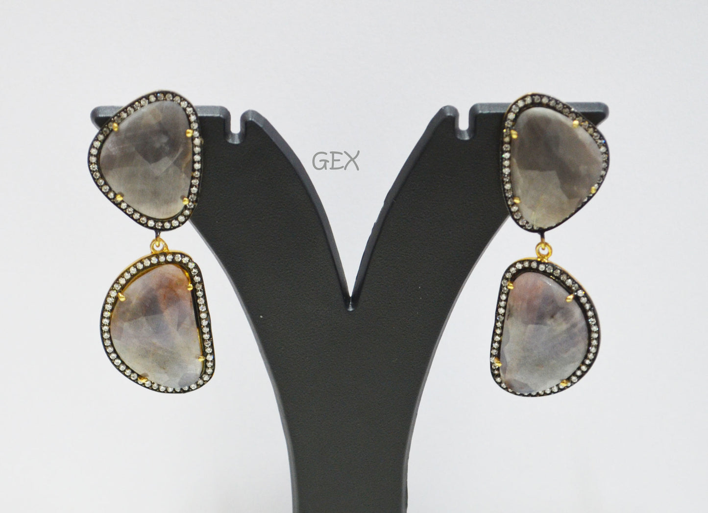 92.5 Sterling Silver Gray Sapphire Faceted Fancy Shape Earring , Gray Sapphire With Pave Cubic Zirconia Earring , 60 mm , E-076