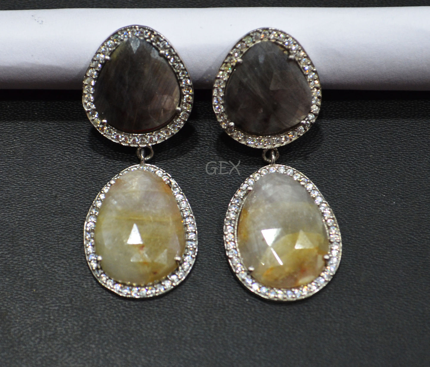 92.5 Sterling Silver Shaded Black And Gray Sapphire Faceted Fancy Shape Earring , Shaded Black And Gray Sapphire With Pave Cubic Zirconia Earring , 50 mm , E-077