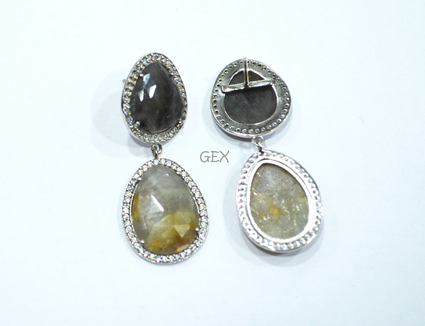 92.5 Sterling Silver Shaded Black And Gray Sapphire Faceted Fancy Shape Earring , Shaded Black And Gray Sapphire With Pave Cubic Zirconia Earring , 50 mm , E-077