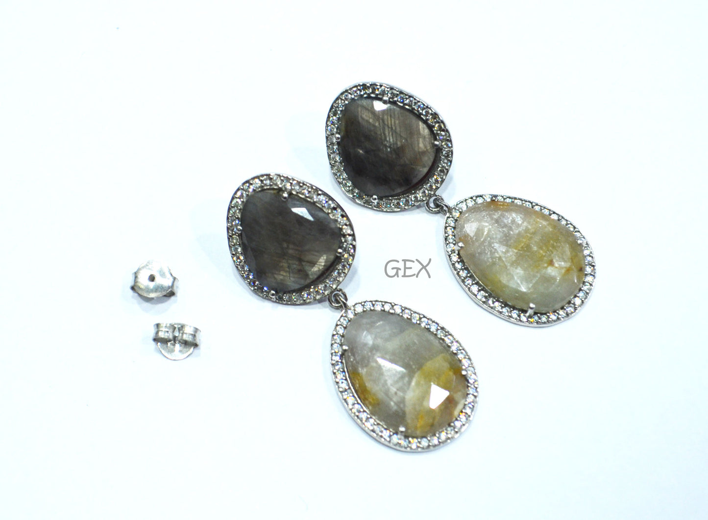 92.5 Sterling Silver Shaded Black And Gray Sapphire Faceted Fancy Shape Earring , Shaded Black And Gray Sapphire With Pave Cubic Zirconia Earring , 50 mm , E-077