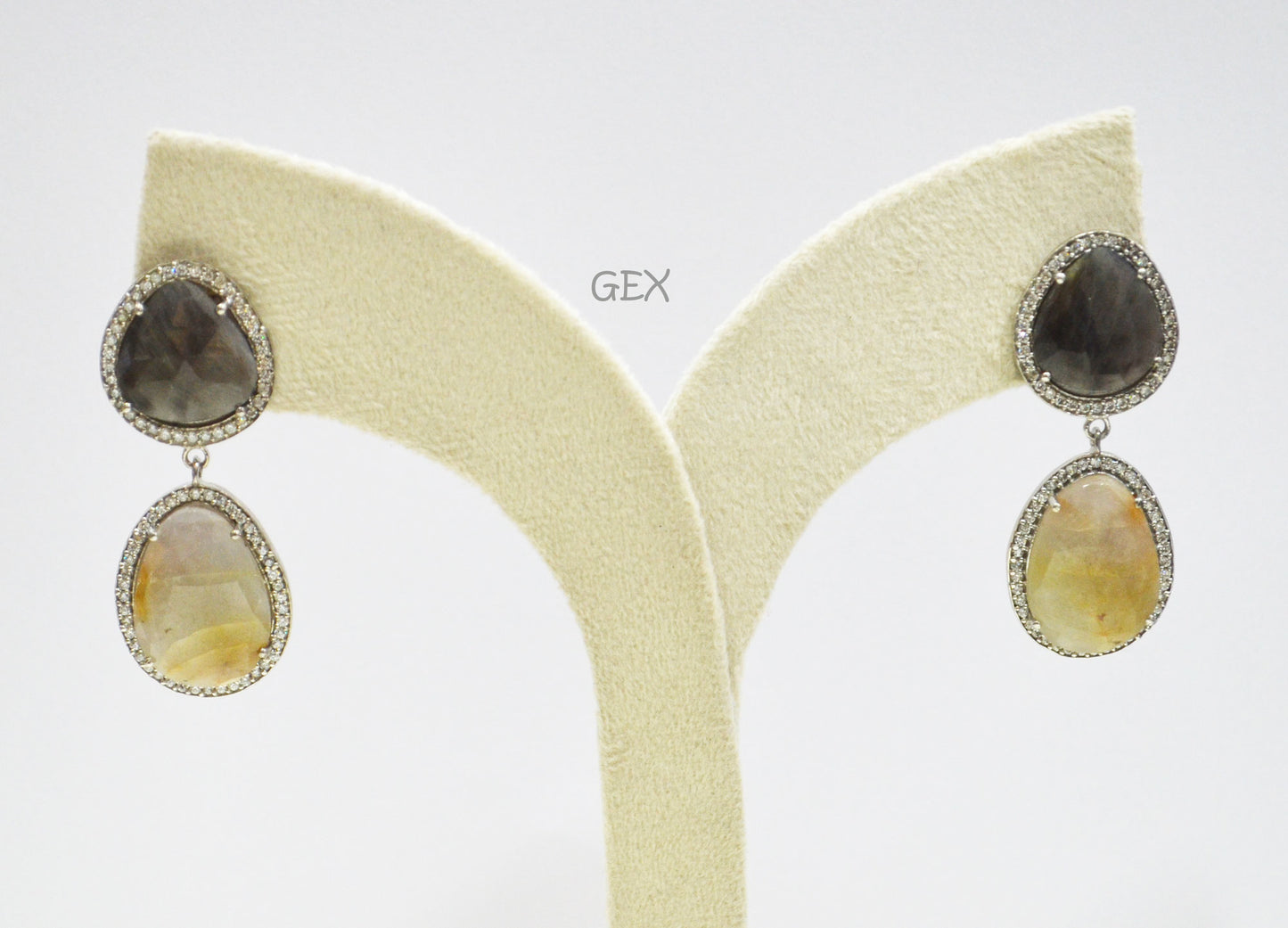 92.5 Sterling Silver Shaded Black And Gray Sapphire Faceted Fancy Shape Earring , Shaded Black And Gray Sapphire With Pave Cubic Zirconia Earring , 50 mm , E-077