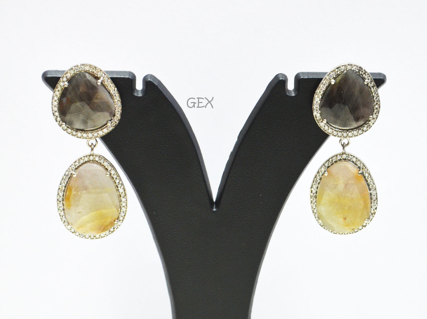 92.5 Sterling Silver Shaded Black And Gray Sapphire Faceted Fancy Shape Earring , Shaded Black And Gray Sapphire With Pave Cubic Zirconia Earring , 50 mm , E-077