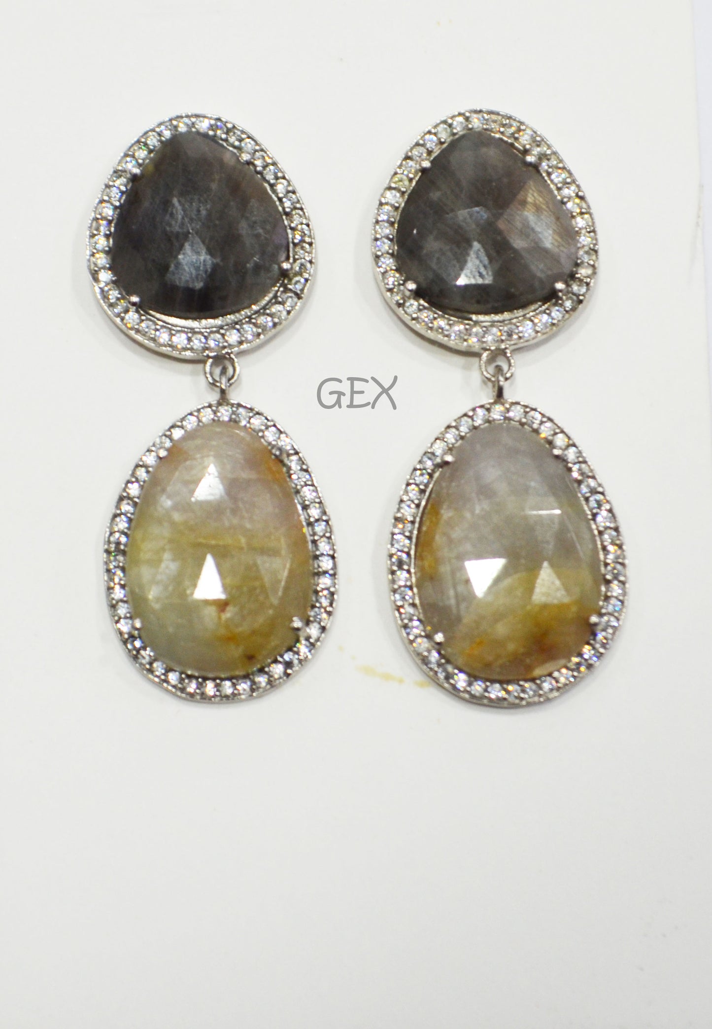 92.5 Sterling Silver Shaded Black And Gray Sapphire Faceted Fancy Shape Earring , Shaded Black And Gray Sapphire With Pave Cubic Zirconia Earring , 50 mm , E-077