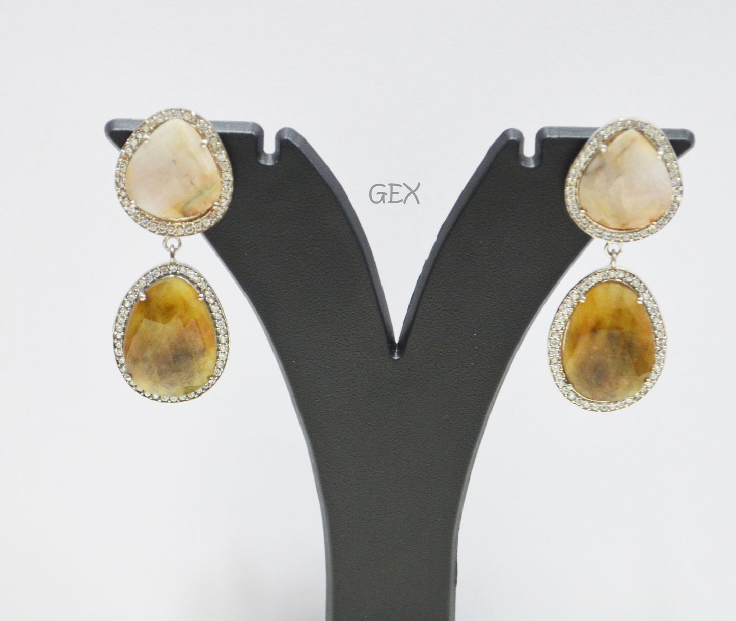 92.5 Sterling Silver Baby Pink And Brown Sapphire Faceted Fancy Shape Earring , Baby Pink And Brown Sapphire With Pave Cubic Zirconia Earring , 48 mm , E-078