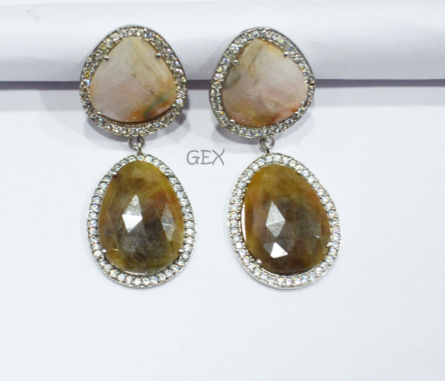 92.5 Sterling Silver Baby Pink And Brown Sapphire Faceted Fancy Shape Earring , Baby Pink And Brown Sapphire With Pave Cubic Zirconia Earring , 48 mm , E-078