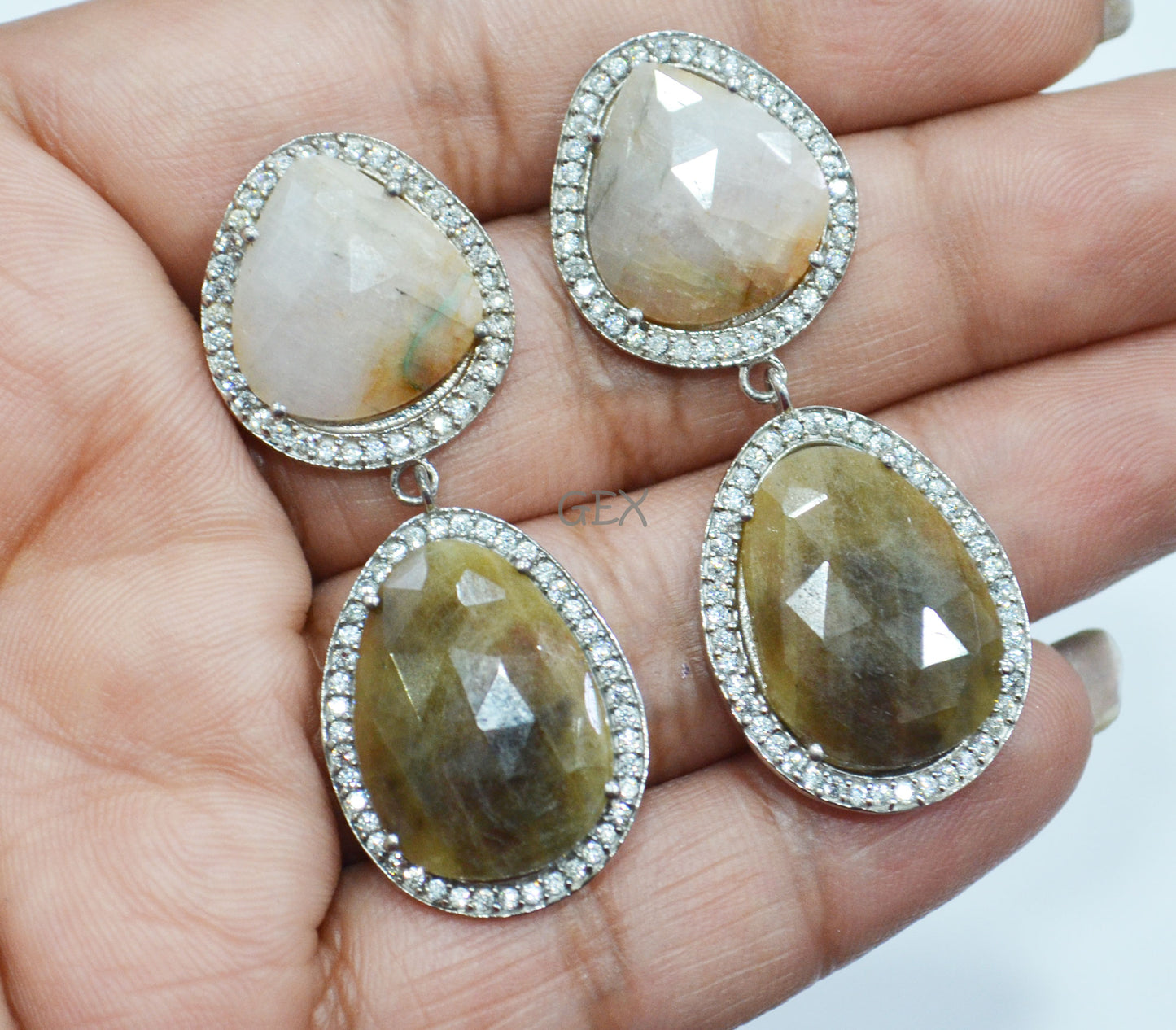 92.5 Sterling Silver Baby Pink And Brown Sapphire Faceted Fancy Shape Earring , Baby Pink And Brown Sapphire With Pave Cubic Zirconia Earring , 48 mm , E-078