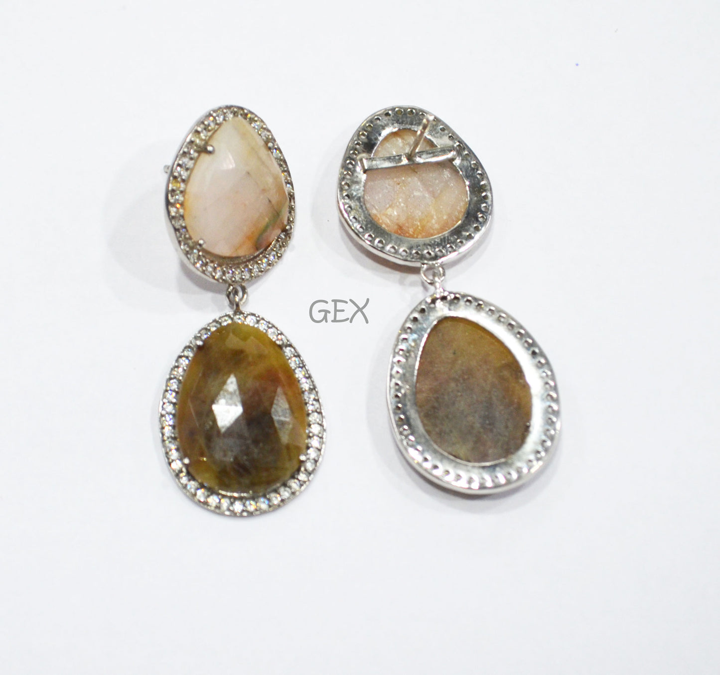 92.5 Sterling Silver Baby Pink And Brown Sapphire Faceted Fancy Shape Earring , Baby Pink And Brown Sapphire With Pave Cubic Zirconia Earring , 48 mm , E-078