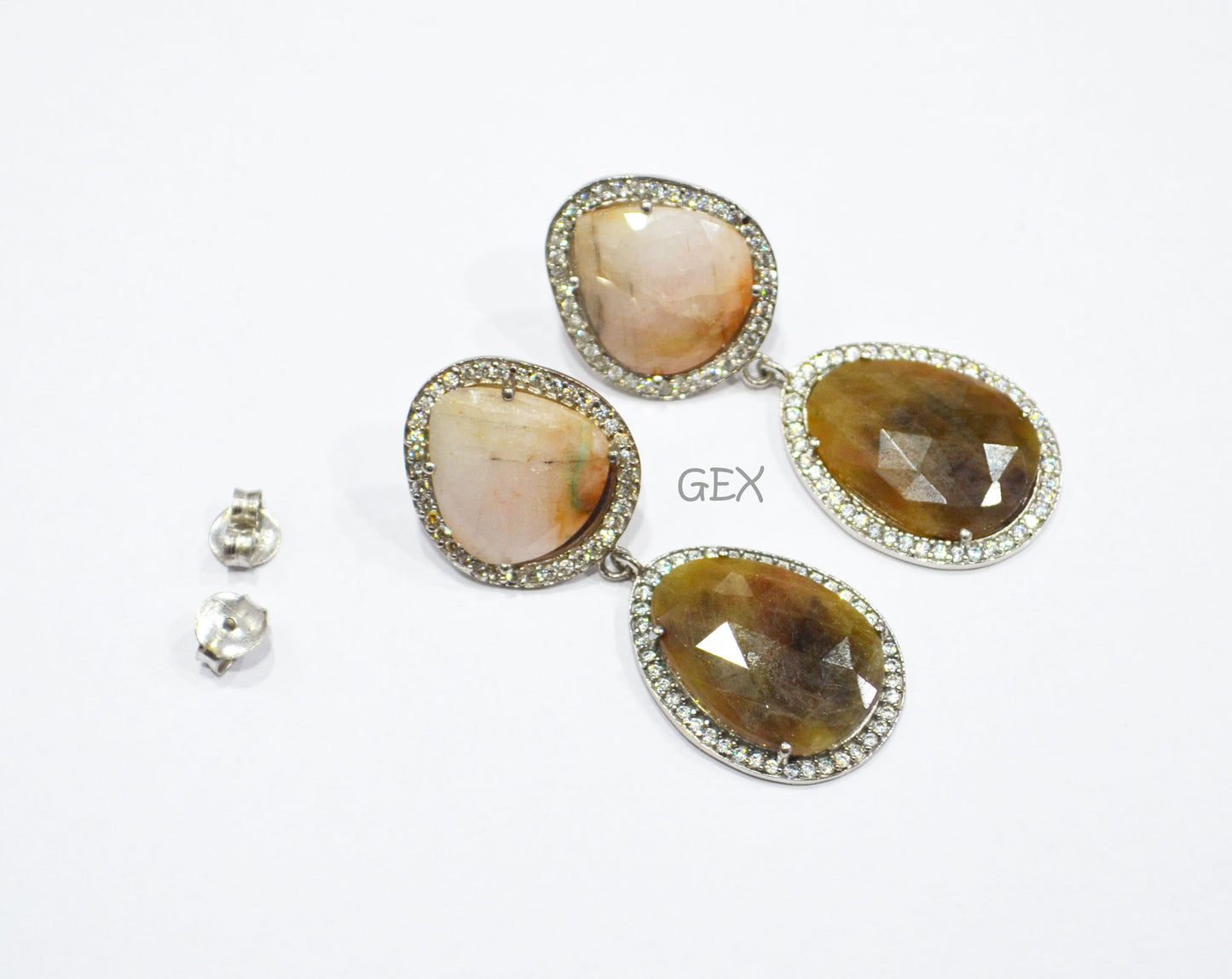 92.5 Sterling Silver Baby Pink And Brown Sapphire Faceted Fancy Shape Earring , Baby Pink And Brown Sapphire With Pave Cubic Zirconia Earring , 48 mm , E-078