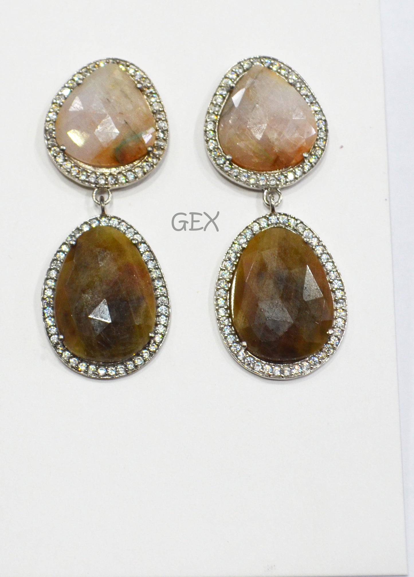 92.5 Sterling Silver Baby Pink And Brown Sapphire Faceted Fancy Shape Earring , Baby Pink And Brown Sapphire With Pave Cubic Zirconia Earring , 48 mm , E-078
