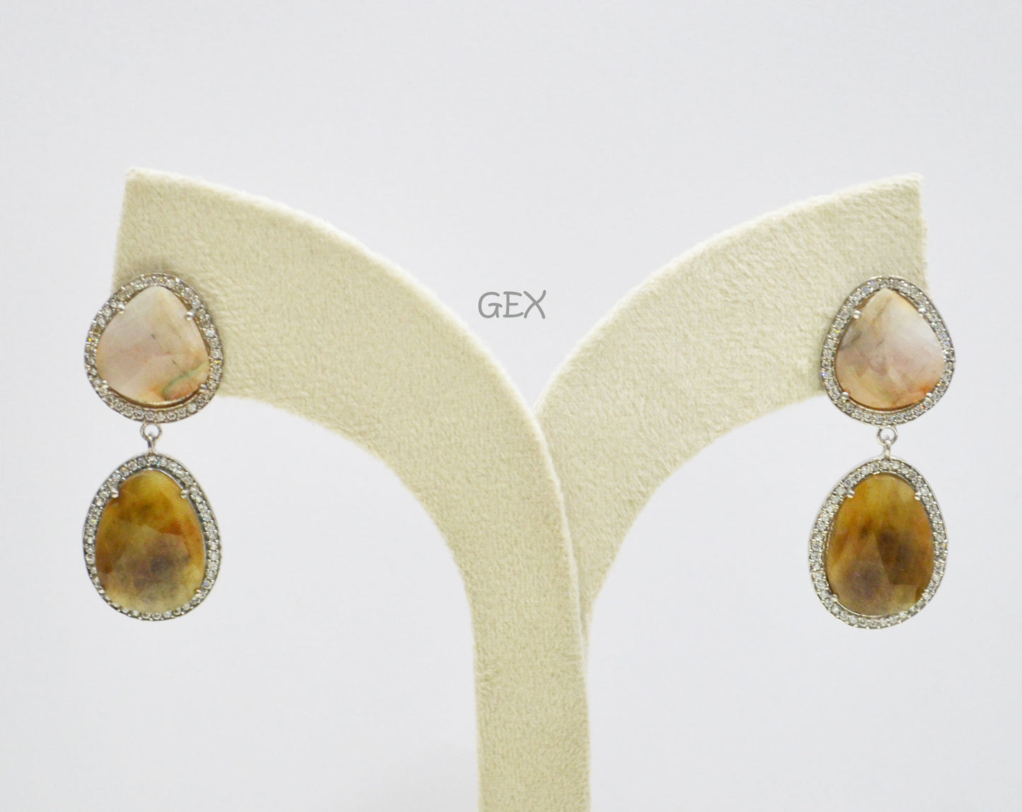 92.5 Sterling Silver Baby Pink And Brown Sapphire Faceted Fancy Shape Earring , Baby Pink And Brown Sapphire With Pave Cubic Zirconia Earring , 48 mm , E-078
