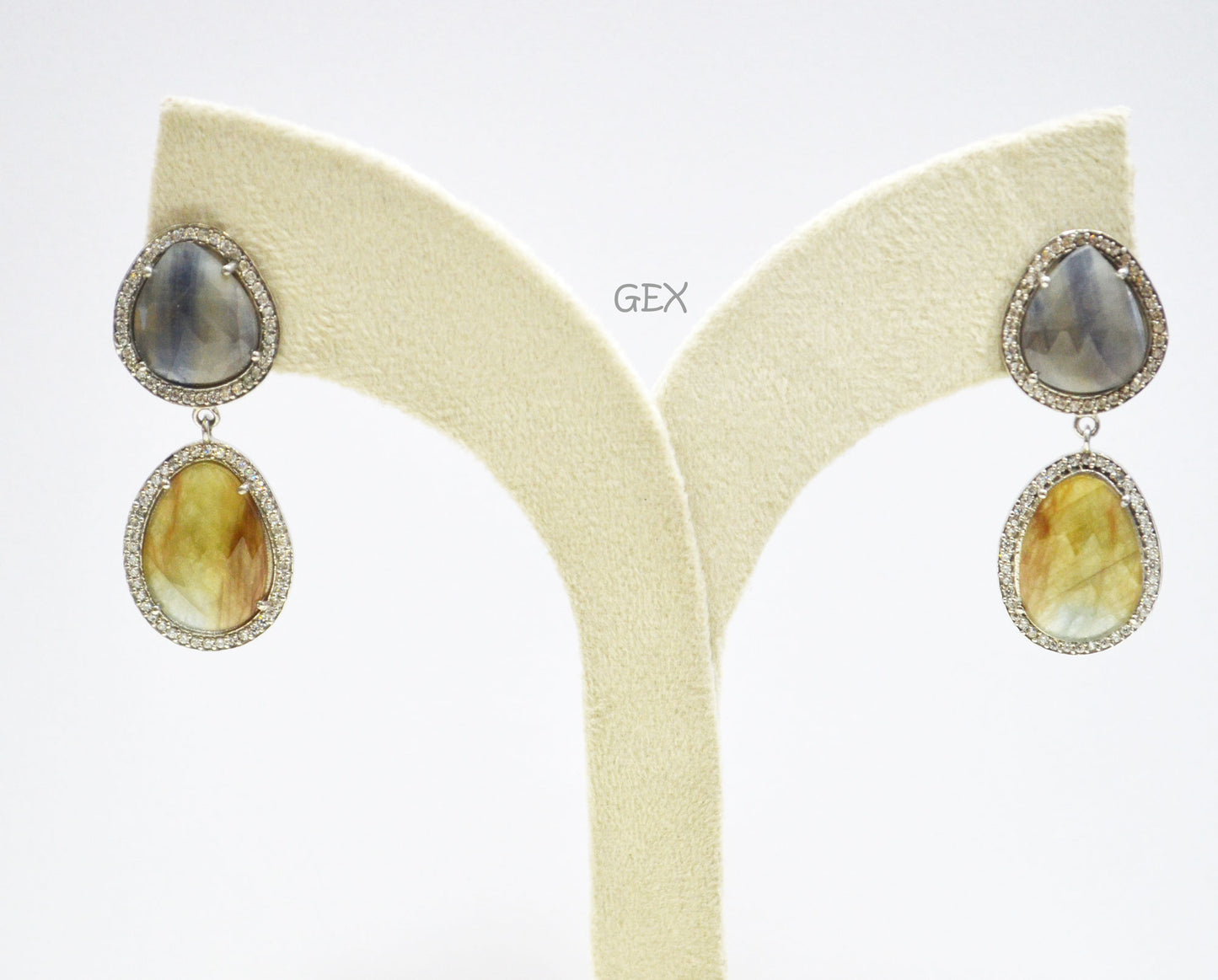 92.5 Sterling Silver Shaded Blue Green Sapphire Faceted Fancy Shape Earring , Shaded Blue Green Sapphire With Pave Cubic Zirconia Earring , 50 mm , E-079