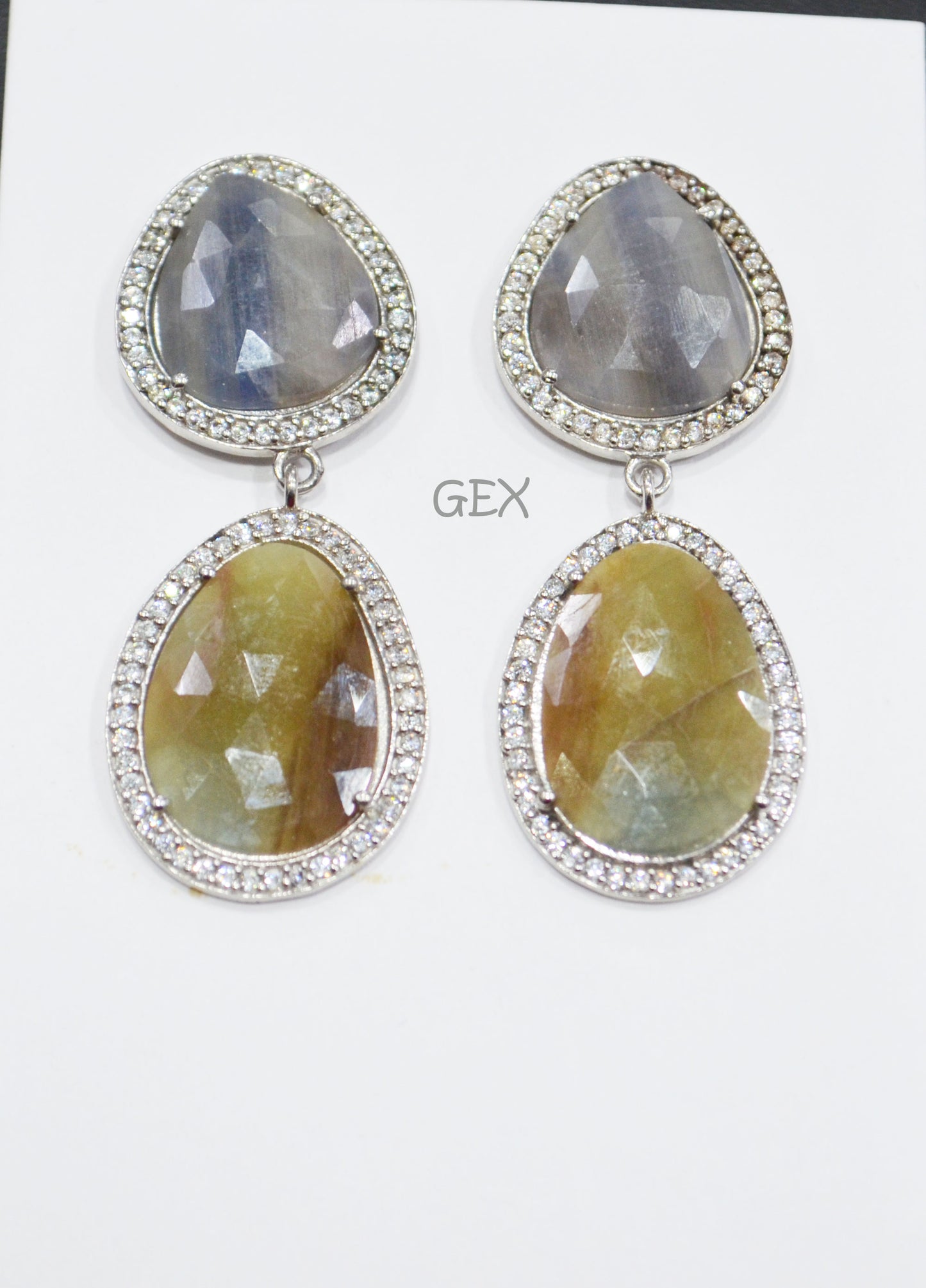 92.5 Sterling Silver Shaded Blue Green Sapphire Faceted Fancy Shape Earring , Shaded Blue Green Sapphire With Pave Cubic Zirconia Earring , 50 mm , E-079