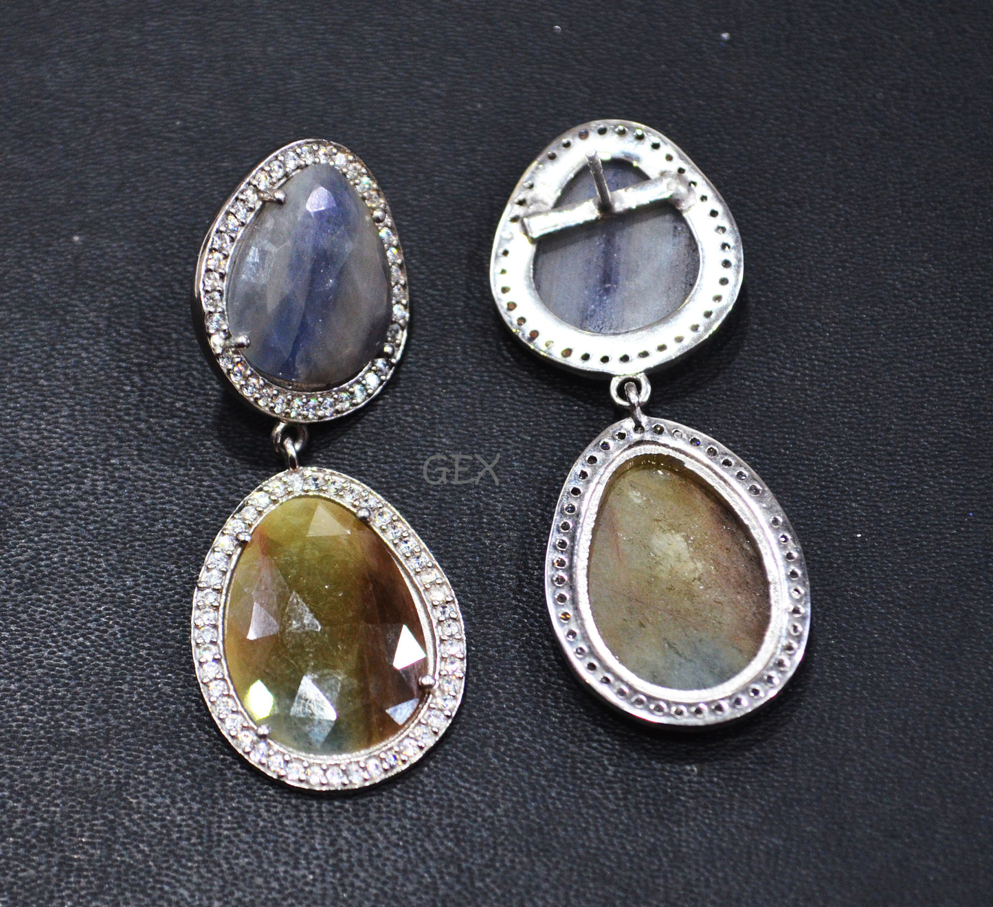 92.5 Sterling Silver Shaded Blue Green Sapphire Faceted Fancy Shape Earring , Shaded Blue Green Sapphire With Pave Cubic Zirconia Earring , 50 mm , E-079