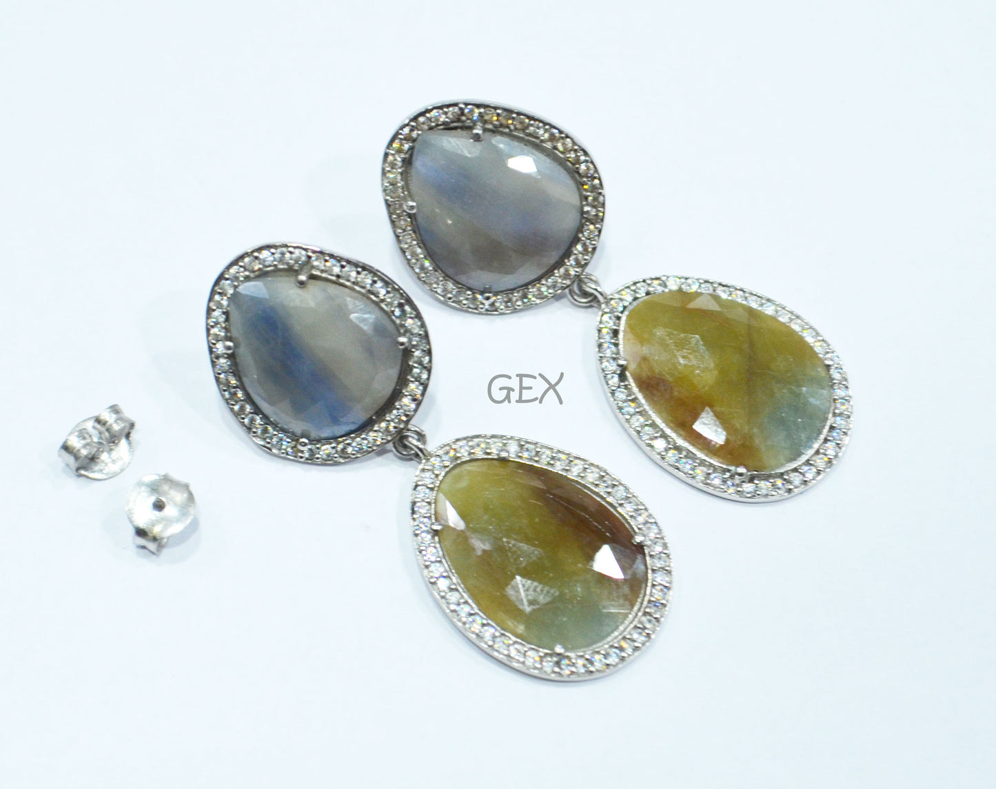 92.5 Sterling Silver Shaded Blue Green Sapphire Faceted Fancy Shape Earring , Shaded Blue Green Sapphire With Pave Cubic Zirconia Earring , 50 mm , E-079
