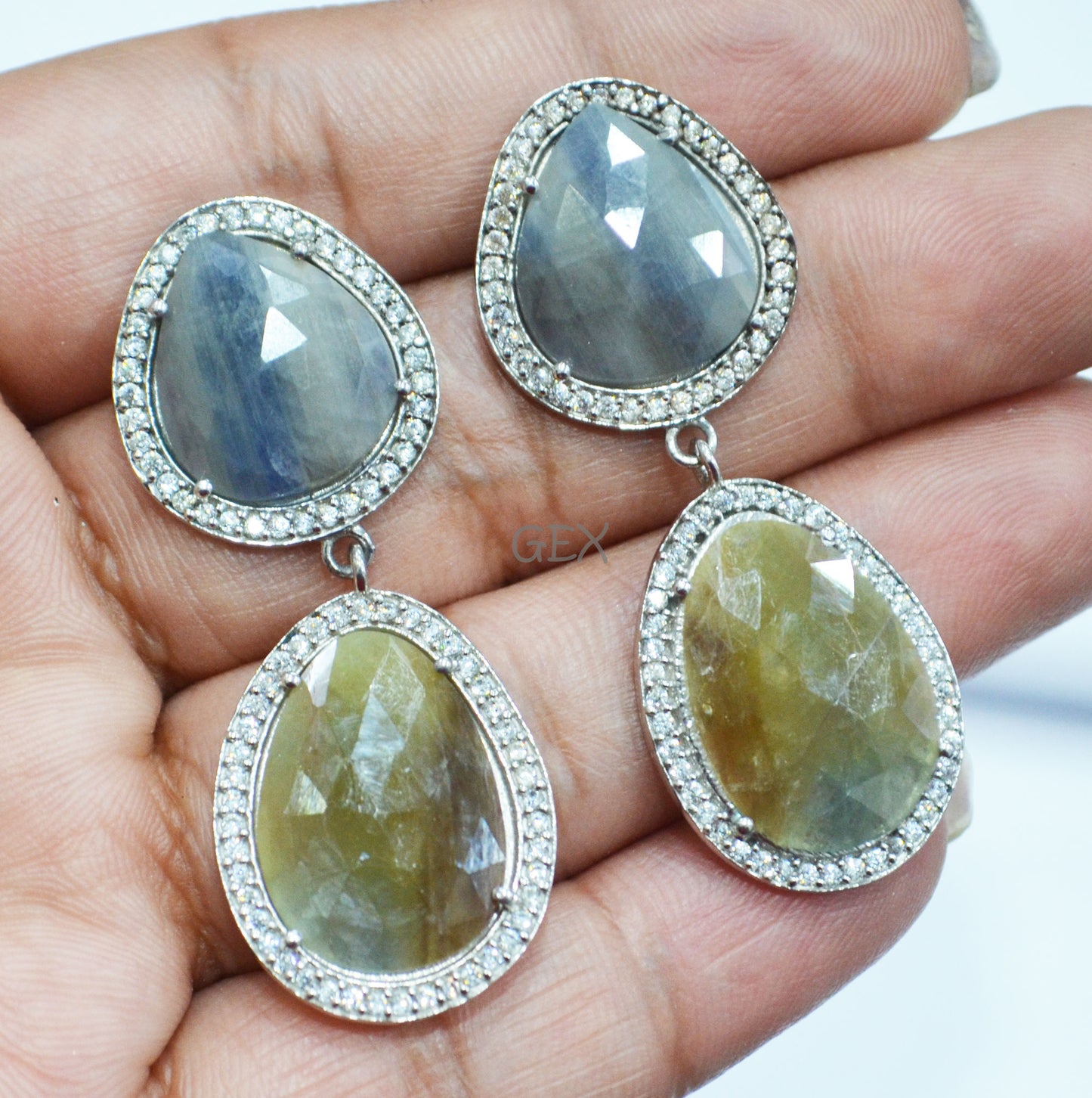 92.5 Sterling Silver Shaded Blue Green Sapphire Faceted Fancy Shape Earring , Shaded Blue Green Sapphire With Pave Cubic Zirconia Earring , 50 mm , E-079