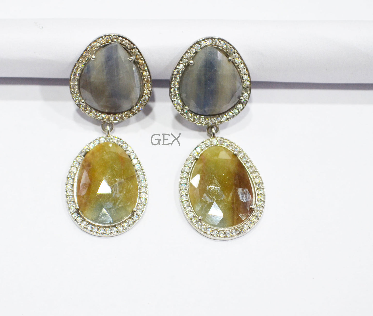 92.5 Sterling Silver Shaded Blue Green Sapphire Faceted Fancy Shape Earring , Shaded Blue Green Sapphire With Pave Cubic Zirconia Earring , 50 mm , E-079