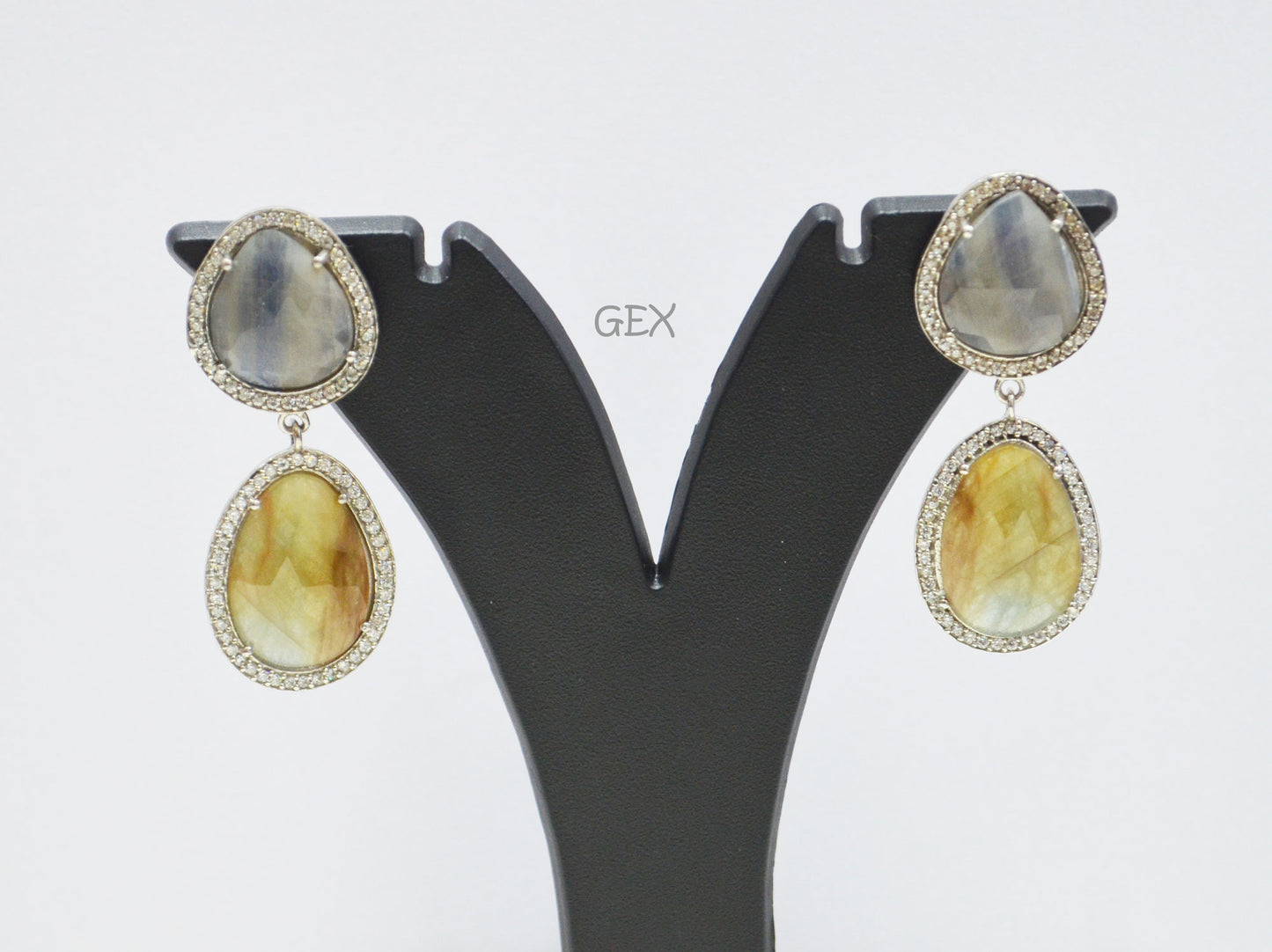 92.5 Sterling Silver Shaded Blue Green Sapphire Faceted Fancy Shape Earring , Shaded Blue Green Sapphire With Pave Cubic Zirconia Earring , 50 mm , E-079