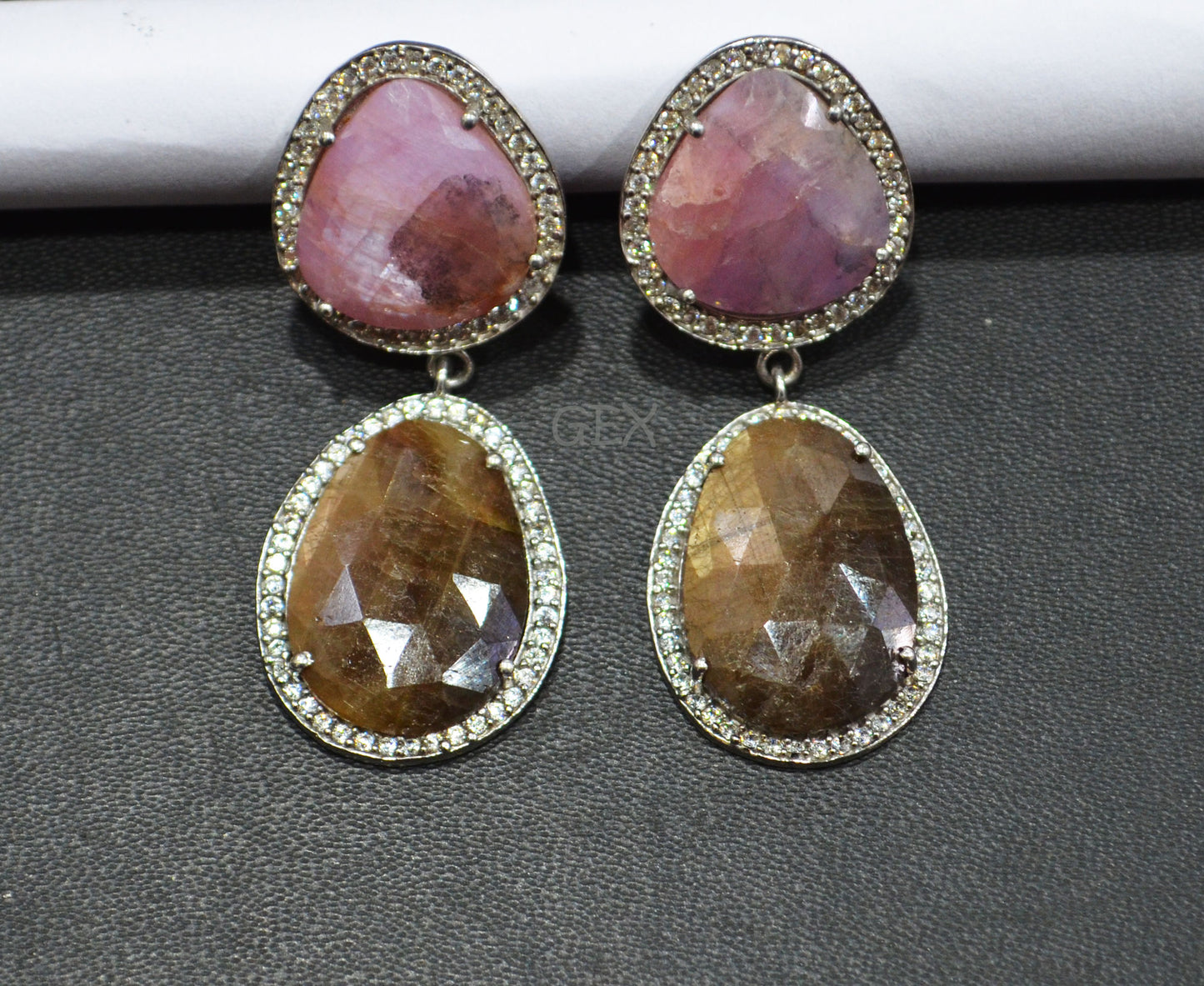 92.5 Sterling Silver Pink And Brown Sapphire Faceted Fancy Shape Earring , Pink And Brown Sapphire With Pave Cubic Zirconia Earring , 48 mm , E-080