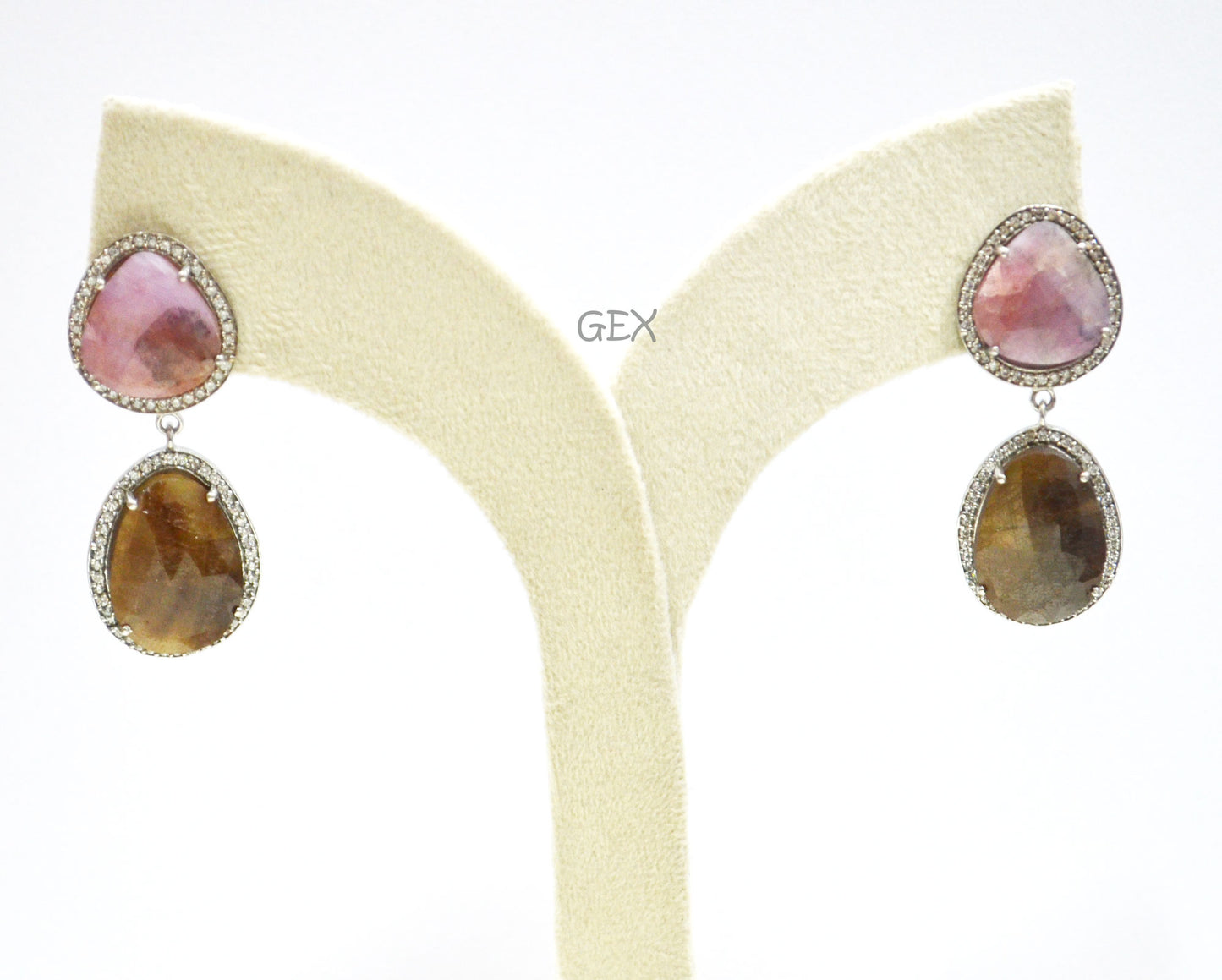 92.5 Sterling Silver Pink And Brown Sapphire Faceted Fancy Shape Earring , Pink And Brown Sapphire With Pave Cubic Zirconia Earring , 48 mm , E-080