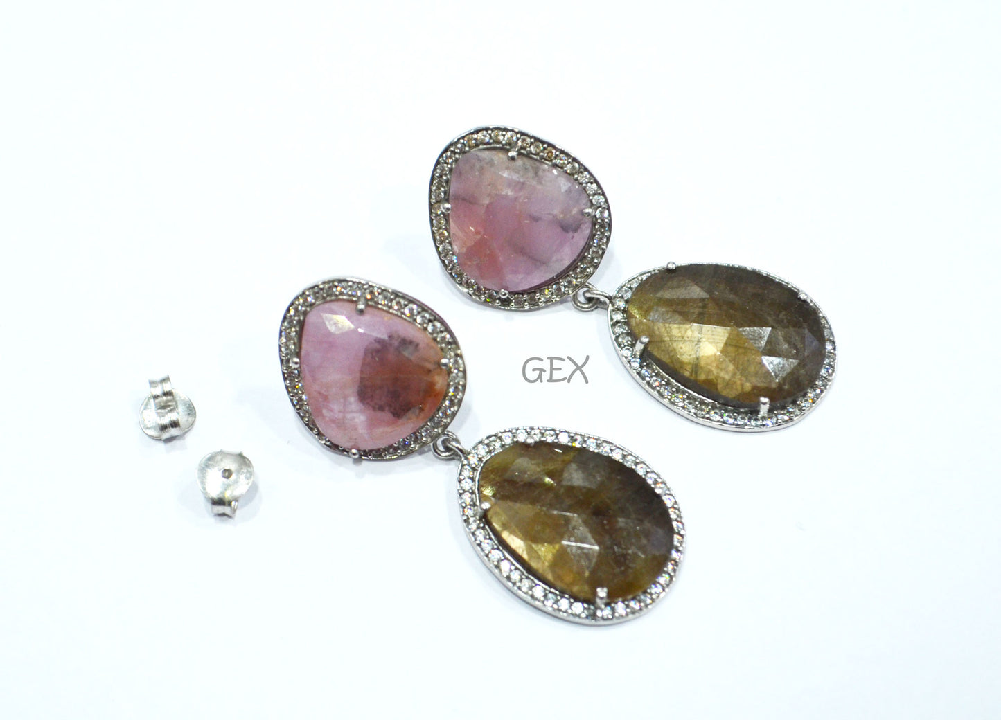 92.5 Sterling Silver Pink And Brown Sapphire Faceted Fancy Shape Earring , Pink And Brown Sapphire With Pave Cubic Zirconia Earring , 48 mm , E-080