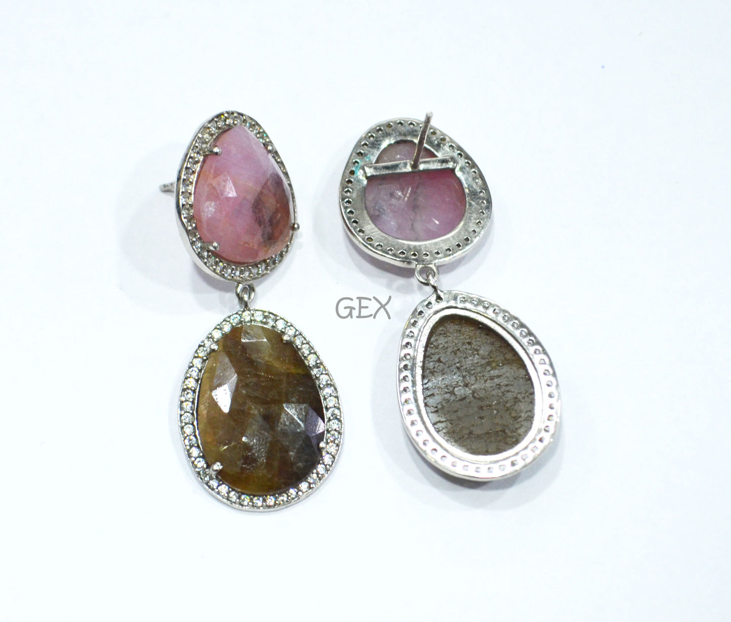 92.5 Sterling Silver Pink And Brown Sapphire Faceted Fancy Shape Earring , Pink And Brown Sapphire With Pave Cubic Zirconia Earring , 48 mm , E-080