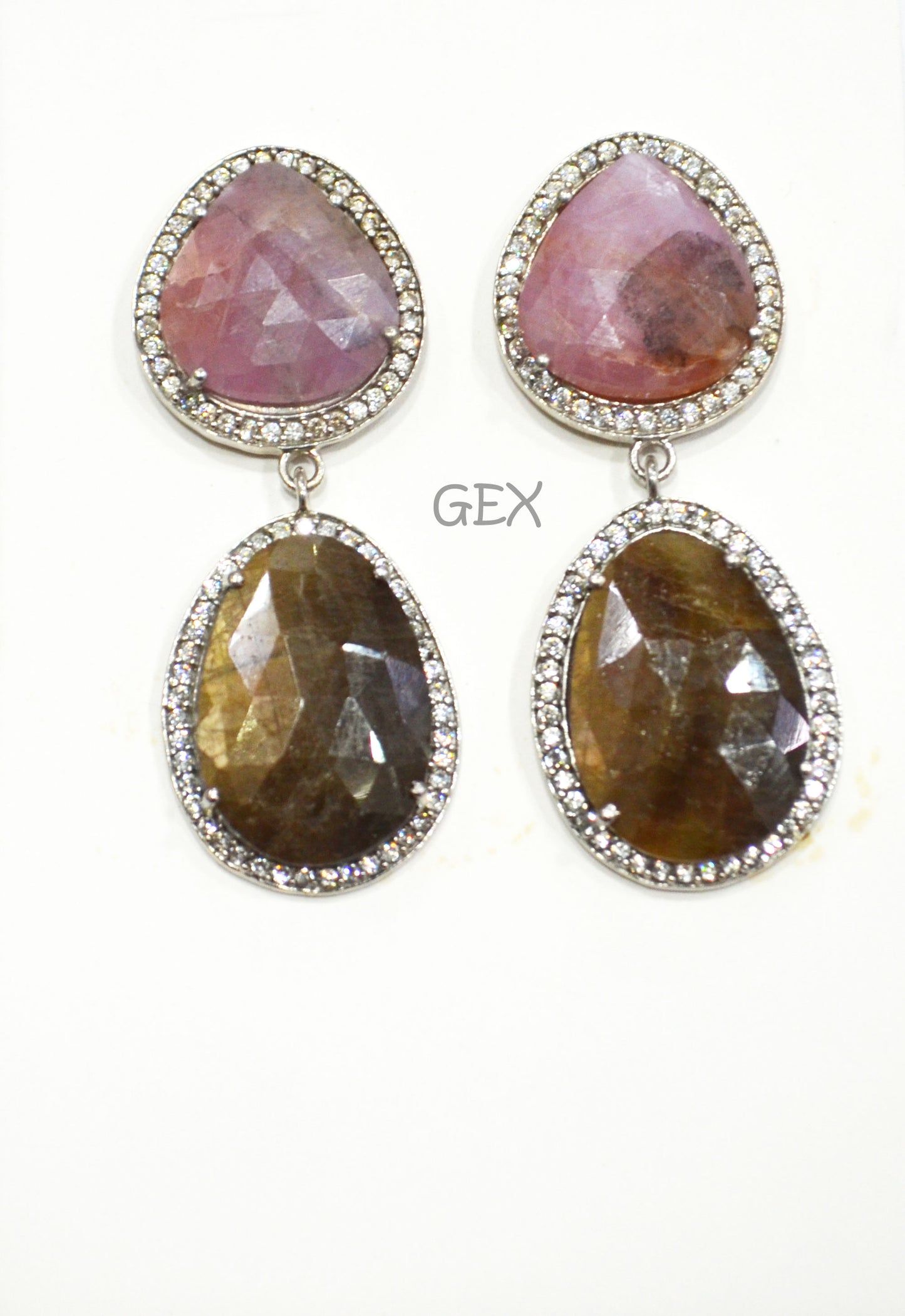 92.5 Sterling Silver Pink And Brown Sapphire Faceted Fancy Shape Earring , Pink And Brown Sapphire With Pave Cubic Zirconia Earring , 48 mm , E-080