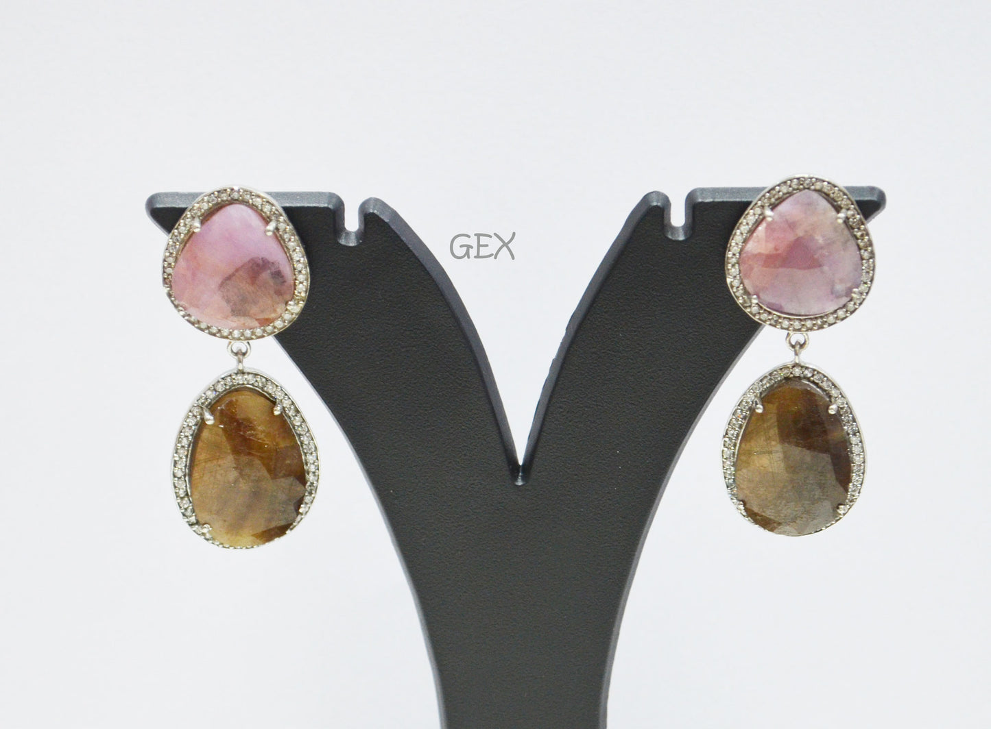 92.5 Sterling Silver Pink And Brown Sapphire Faceted Fancy Shape Earring , Pink And Brown Sapphire With Pave Cubic Zirconia Earring , 48 mm , E-080