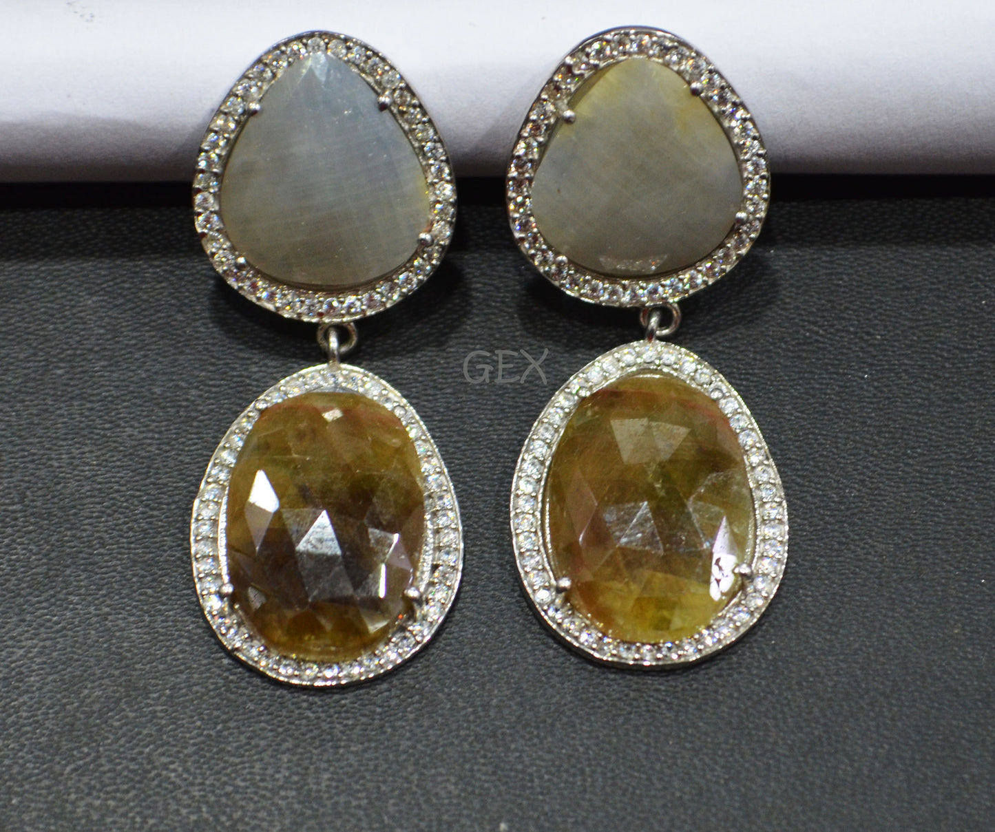 92.5 Sterling Silver Shaded Brown And Blue Sapphire Faceted Fancy Shape Earring , Shaded Brown And Blue Sapphire With Pave Cubic Zirconia Earring , 48 mm , E-081