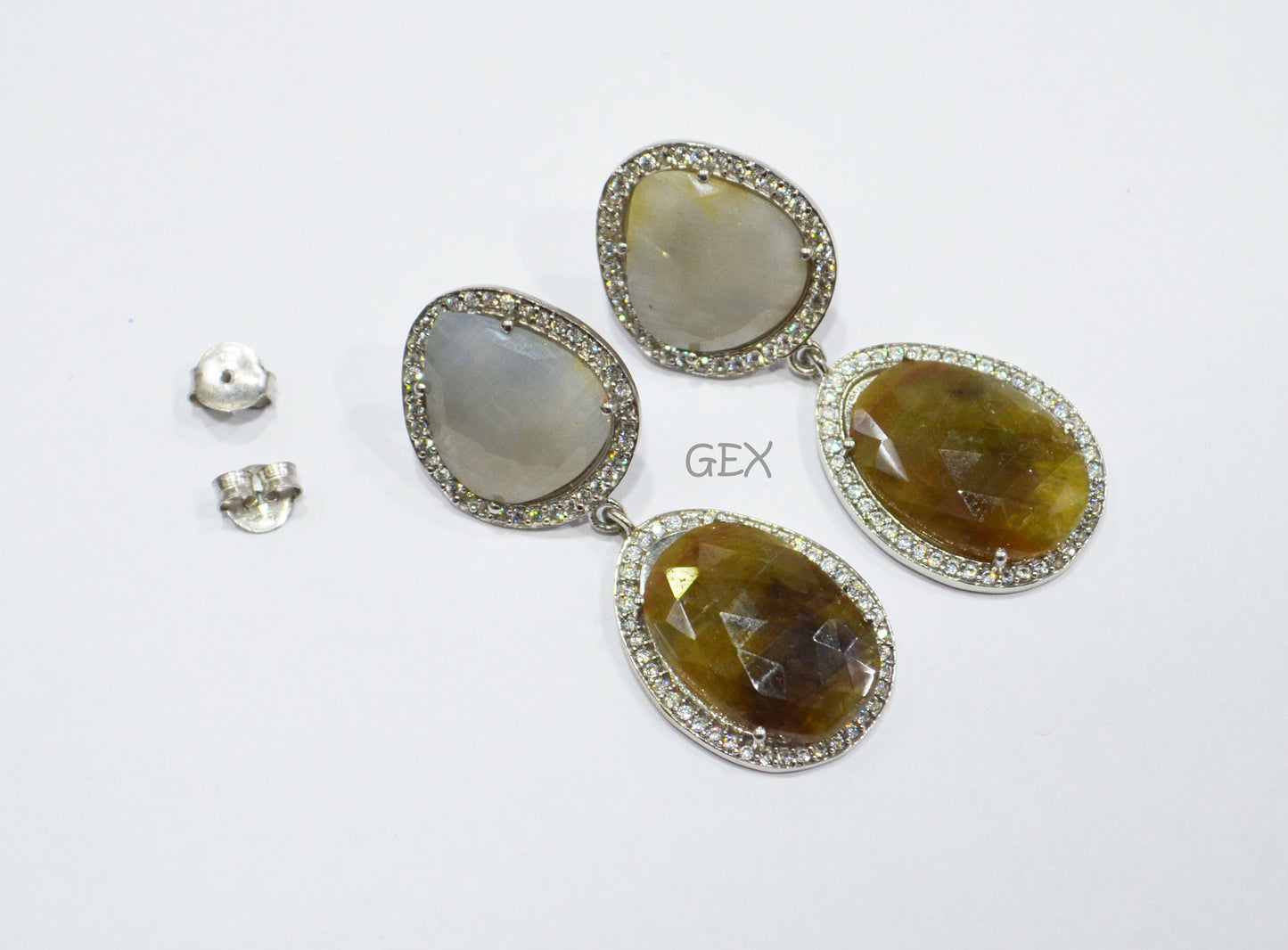 92.5 Sterling Silver Shaded Brown And Blue Sapphire Faceted Fancy Shape Earring , Shaded Brown And Blue Sapphire With Pave Cubic Zirconia Earring , 48 mm , E-081