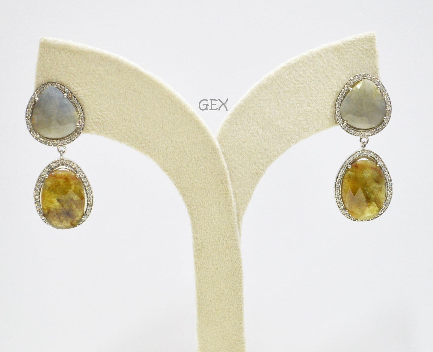 92.5 Sterling Silver Shaded Brown And Blue Sapphire Faceted Fancy Shape Earring , Shaded Brown And Blue Sapphire With Pave Cubic Zirconia Earring , 48 mm , E-081