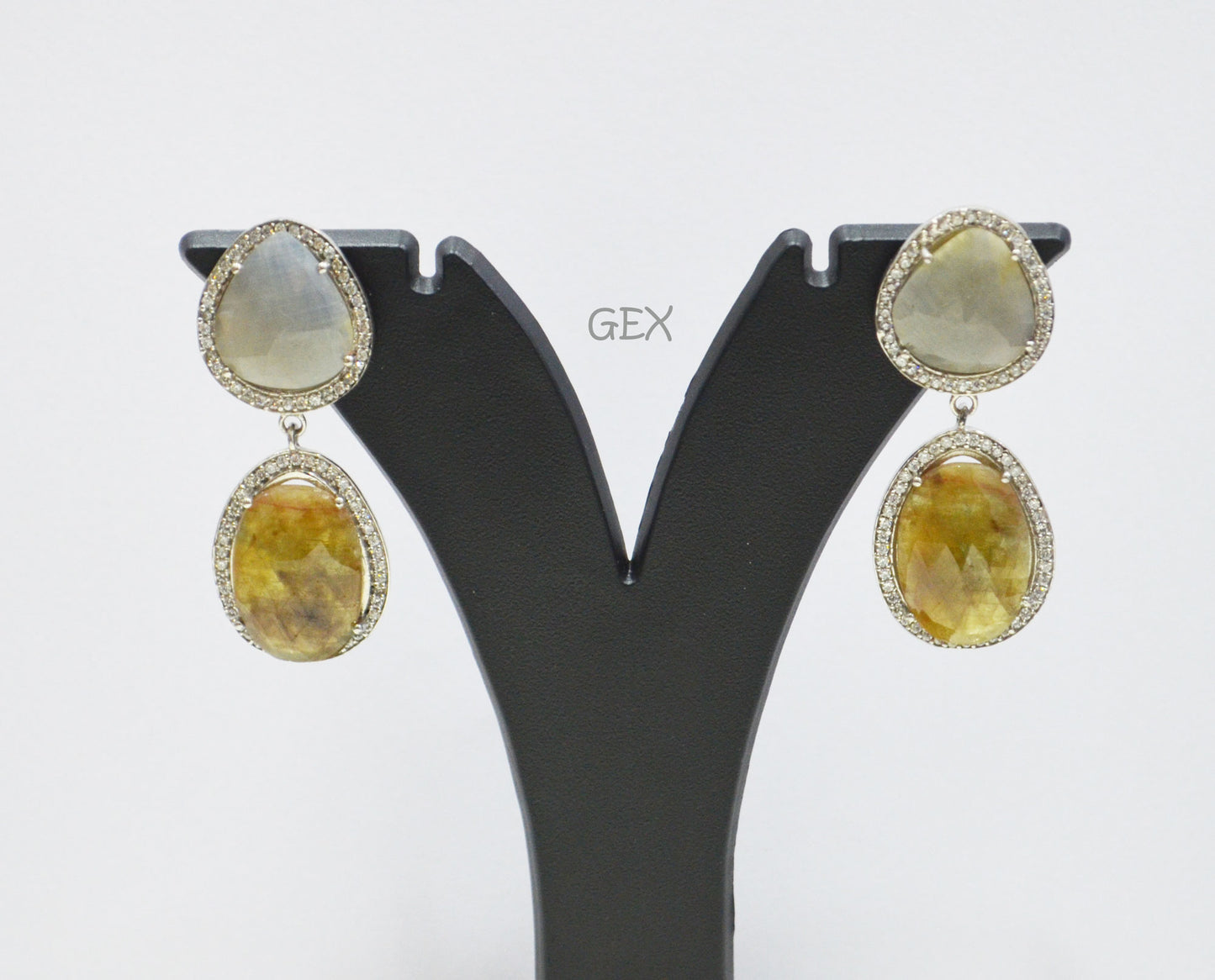 92.5 Sterling Silver Shaded Brown And Blue Sapphire Faceted Fancy Shape Earring , Shaded Brown And Blue Sapphire With Pave Cubic Zirconia Earring , 48 mm , E-081
