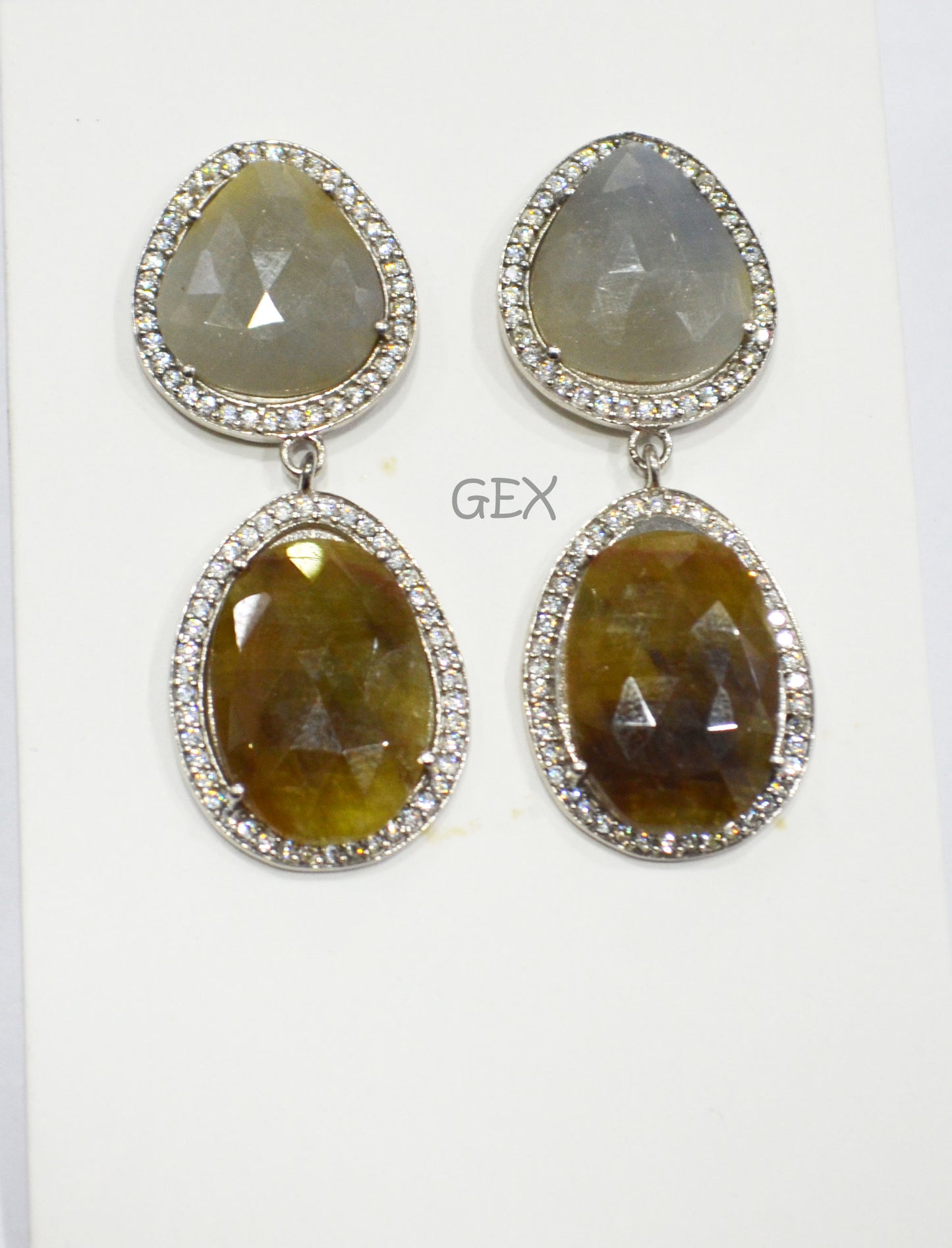 92.5 Sterling Silver Shaded Brown And Blue Sapphire Faceted Fancy Shape Earring , Shaded Brown And Blue Sapphire With Pave Cubic Zirconia Earring , 48 mm , E-081
