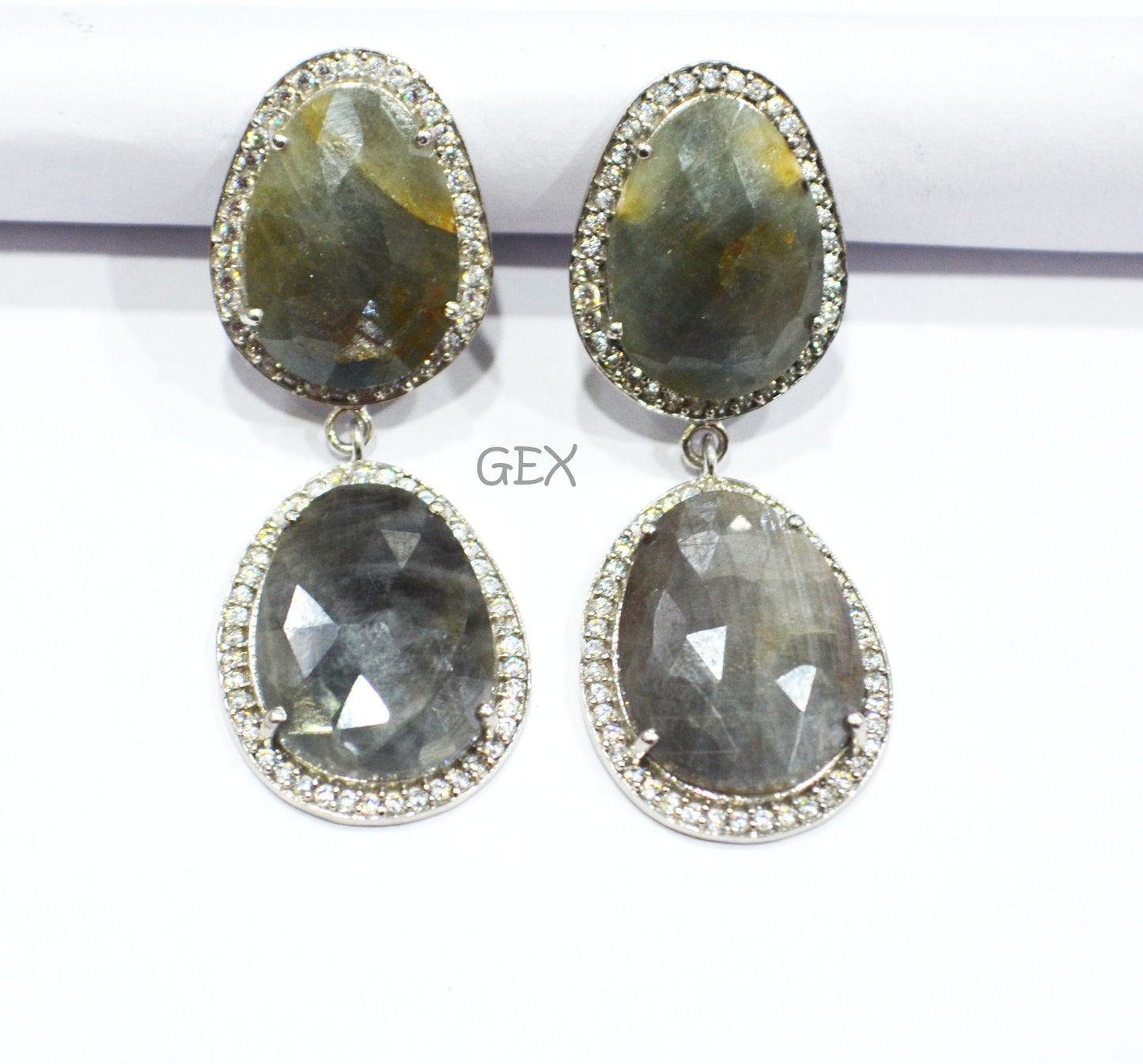 92.5 Sterling Silver Shaded Gray Sapphire Faceted Fancy Shape Earring , Shaded Gray Sapphire With Pave Cubic Zirconia Earring , 50 mm , E-082