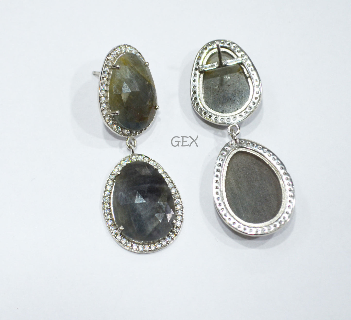 92.5 Sterling Silver Shaded Gray Sapphire Faceted Fancy Shape Earring , Shaded Gray Sapphire With Pave Cubic Zirconia Earring , 50 mm , E-082